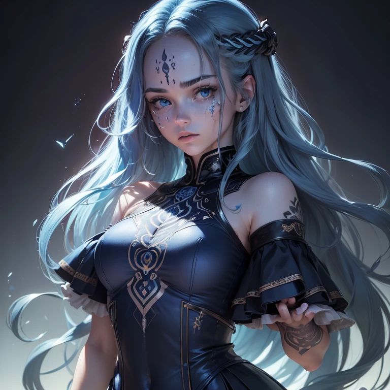 (((full medium shot))), (Masterpiece, best quality, ultra-detailed:1.3), (nice hands, perfect hands), official art, cinematic light, (1girl:1.3), adult, solo, long hair, looking at viewer, blue eyes, closed mouth, blue hair, lips, tattoo, glowing, (((blue skin))), wavy hair, glowing eyes, blue theme, forehead mark, facial tattoo, cracked skin