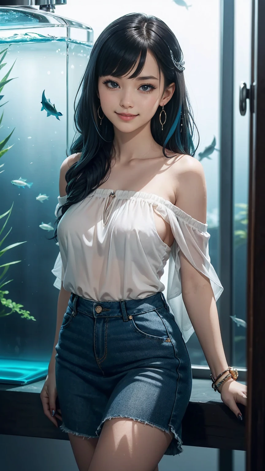 最high quality, 8K, masterpiece: 1.3, Ultra HD, high quality, 最high quality, High resolution, realism)) 、25 year old white woman、brunette、blue eyes、long hair、smile、slender、slenderだがアスリートのような細マッチョ、I don't want my head to disappear from the screen.、Wear accessories on your wrist、Wearing red nail polish、I have a peticure、aerial perspective((atmospheric perspective))、smile((smiley))、background blur((depth of field)、Wear a sheer, off-the-shoulder bodycon top、wear sandals、have a clutch bag、In front of the large tank at the aquarium、Many fish and other creatures swim around、crystal earrings((crystal earrings))、inner color((colored inner hair))、long hair ((long hair))、Dark Blonde、Bangs at the parting((parted bangs))