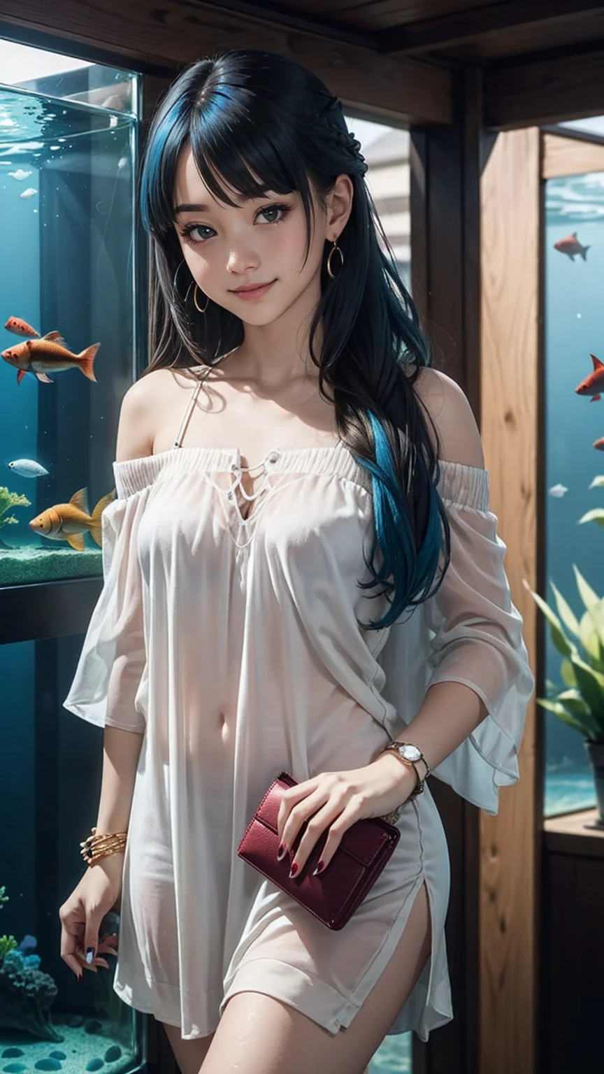 最high quality, 8K, masterpiece: 1.3, Ultra HD, high quality, 最high quality, High resolution, realism)) 、25 year old white woman、brunette、blue eyes、long hair、smile、slender、slenderだがアスリートのような細マッチョ、I don't want my head to disappear from the screen.、Wear accessories on your wrist、Wearing red nail polish、I have a peticure、aerial perspective((atmospheric perspective))、smile((smiley))、background blur((depth of field)、Wear a sheer, off-the-shoulder bodycon top、wear sandals、have a clutch bag、In front of the large tank at the aquarium、Many fish and other creatures swim around、crystal earrings((crystal earrings))、inner color((colored inner hair))、long hair ((long hair))、Dark Blonde、Bangs at the parting((parted bangs))