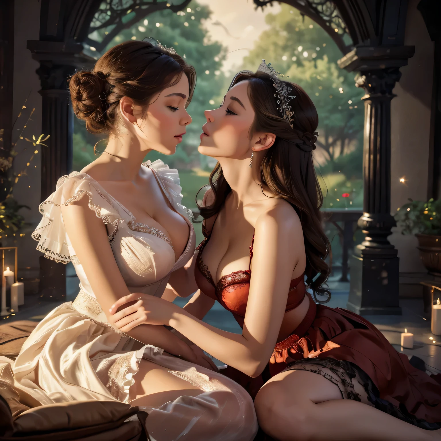 (best quality,4k,8k,highres,masterpiece:1.2),ultra-detailed,realistic:1.37,two girls kissing,long red sheer skirt,gr3ysh33r posing,beautiful detailed eyes,beautiful detailed lips,feminine and romantic atmosphere,gentle touch,soft lighting,vivid colors,romantic and intimate setting,subtle wind blowing the skirt,passionate expressions,delicate lace details,seductive and sensual embrace,dreamy and ethereal background,subdued tones,evoking love and desire,subtle blush on their cheeks,mystical and enchanting charm,whispering secrets,lost in the moment,artistic composition with dynamic angles,emotive and powerful connection,unforgettable and timeless scene,masterfully painted,impeccable attention to detail,magical and mesmerizing,artistic inspiration from Renaissance paintings,classic beauty with a modern twist,filled with love and longing,celebration of love's embrace.