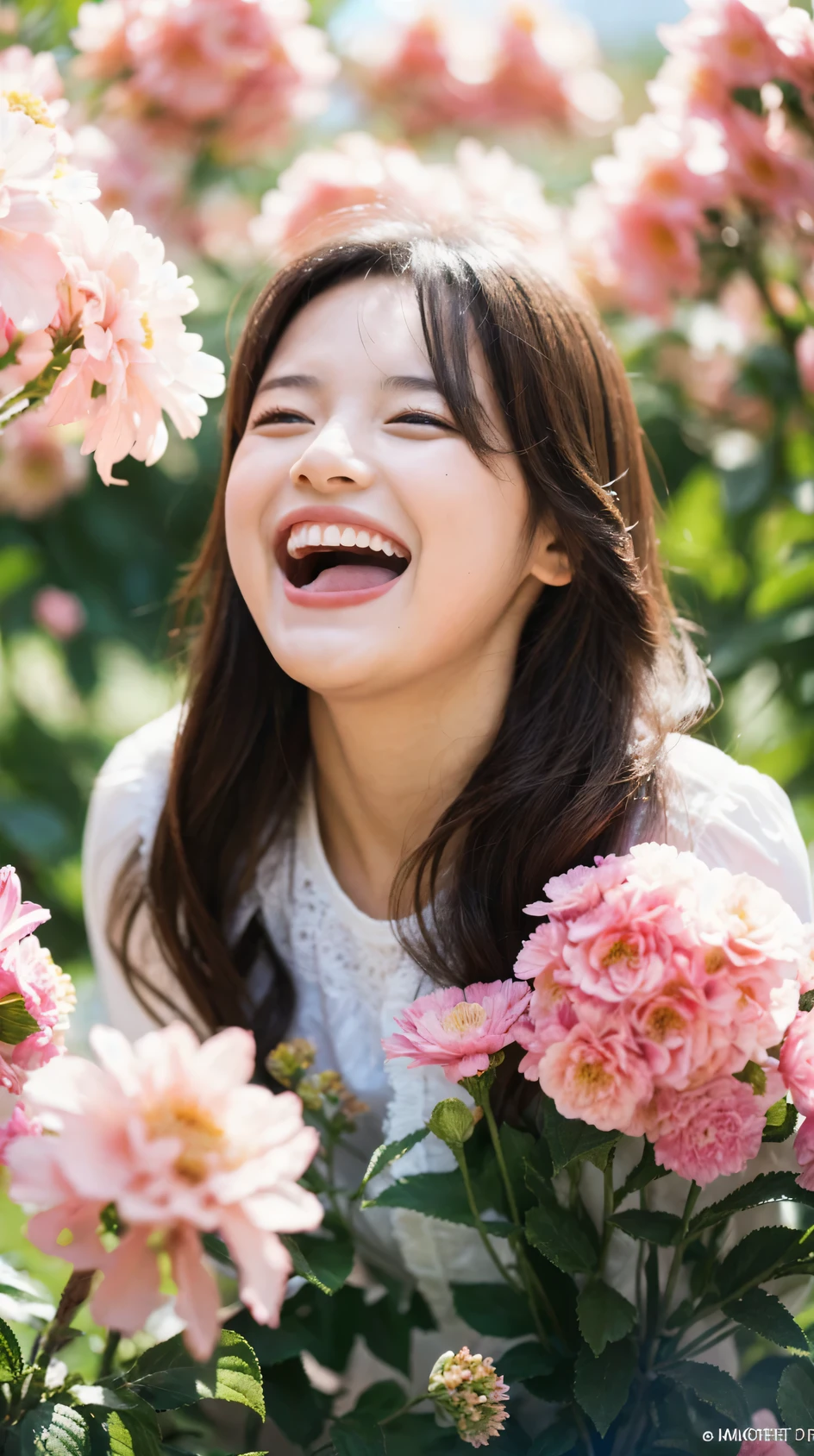 (Raw photo, highest quality), (K, highest quality, masterpiece: 1.2), Super detailed, super resolution, beautiful girl, with flowers, (huge laugh:1.2), (open your mouth:1.1), (wide open eyes)