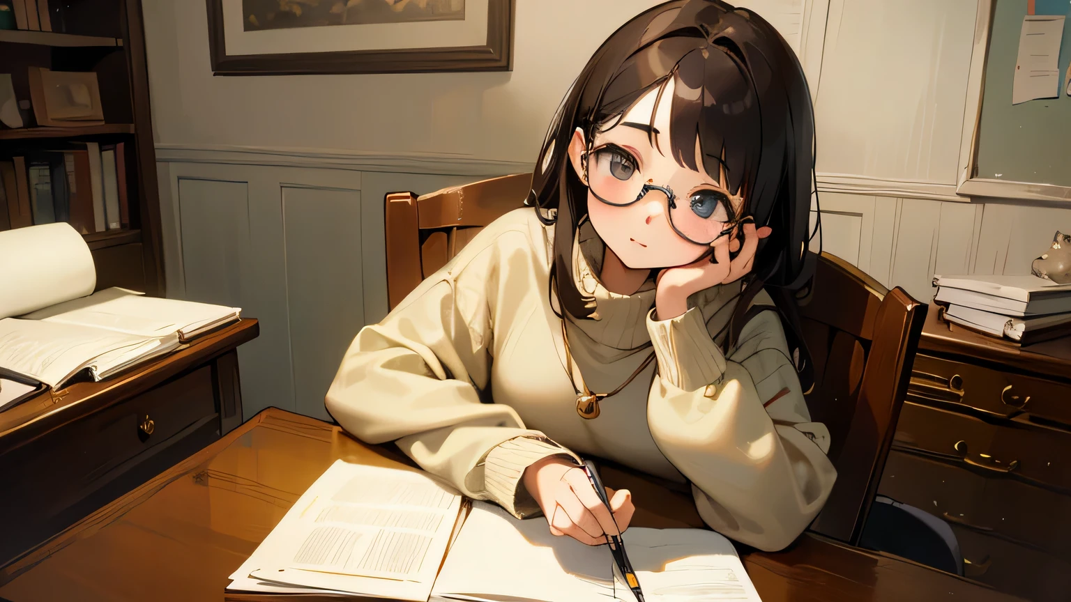 ((highest quality)), ((masterpiece)), (be familiar with), perfect face, an extremely beautiful and cute girl with dark hair, sitting at a desk in her bedroom, studying , wearing a pair of glasses and a cozy sweater, desk cluttered with books, papers, and a laptop.
