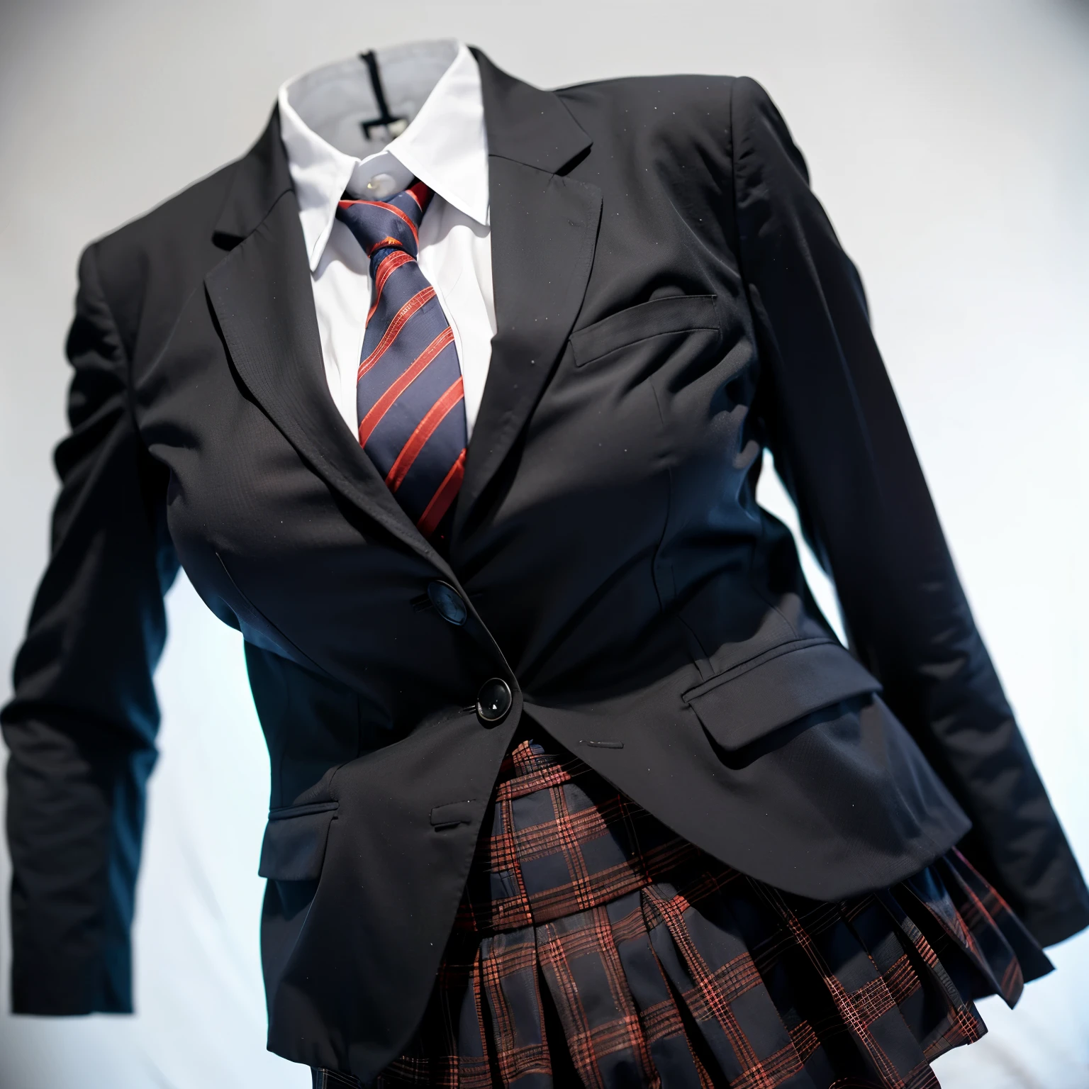 school clothes lying on bed, blazer, stripe tie, plaid skirt, fat, (invisible, no humans, headless, faceless:1.5), cute big breasts