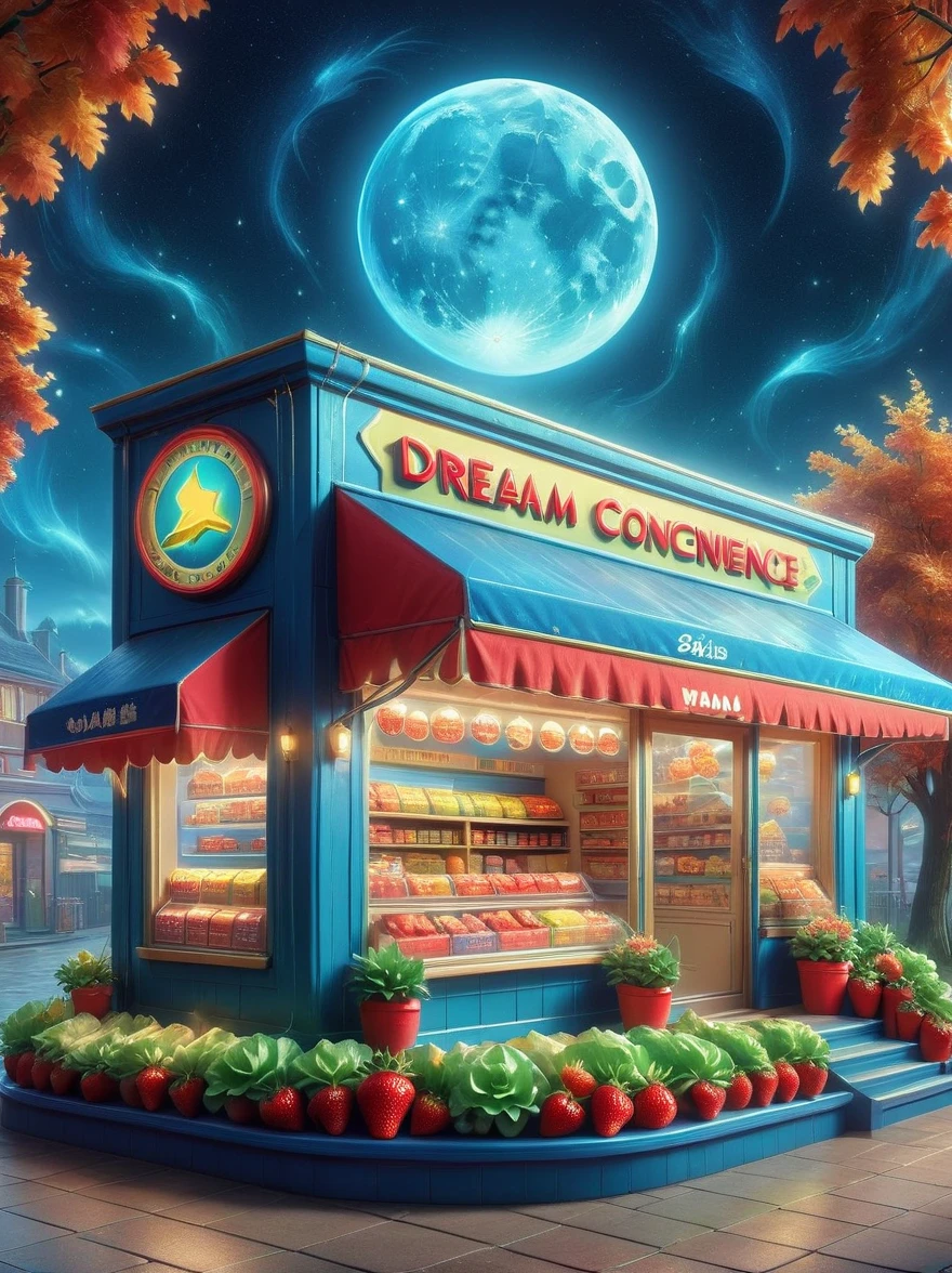 (masterpiece), best quality，(shiny:1.2)，(dream world:1.4)，(A Van Gogh-style midnight convenience store:1.5), A cute and cheerful midnight convenience store，Delicious super burger，tomato, lettuce, tomato酱, cheese splash, Hamburg style, and other decorations, dream world, Cute cartoon design style, night，Sky，full moon，(Cute strawberry man is sorting goods:1.3)，(Strawberry Shop Assistant)，Vibrant colors，bright，1.4x more realism，ultra high definition，All shown in this beautiful scene，The content is very detailed，Reasonable design，clear lines，high definition，masterpiece，official art，Movie lighting effects，8K