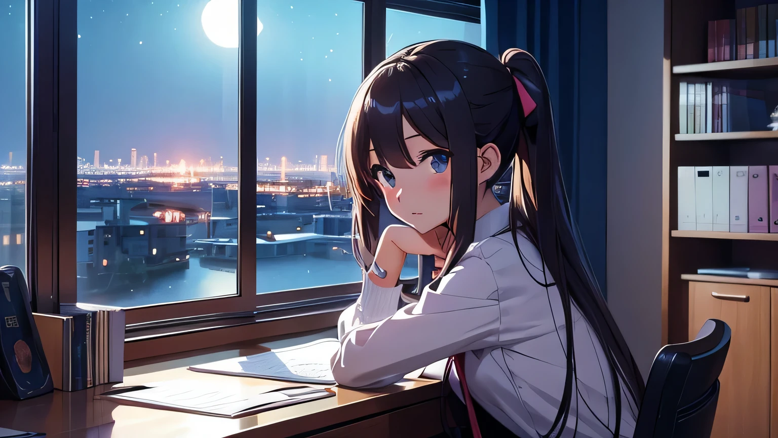 anime style A beautiful girl is studying at her desk in her room。You can see the night view outside the window