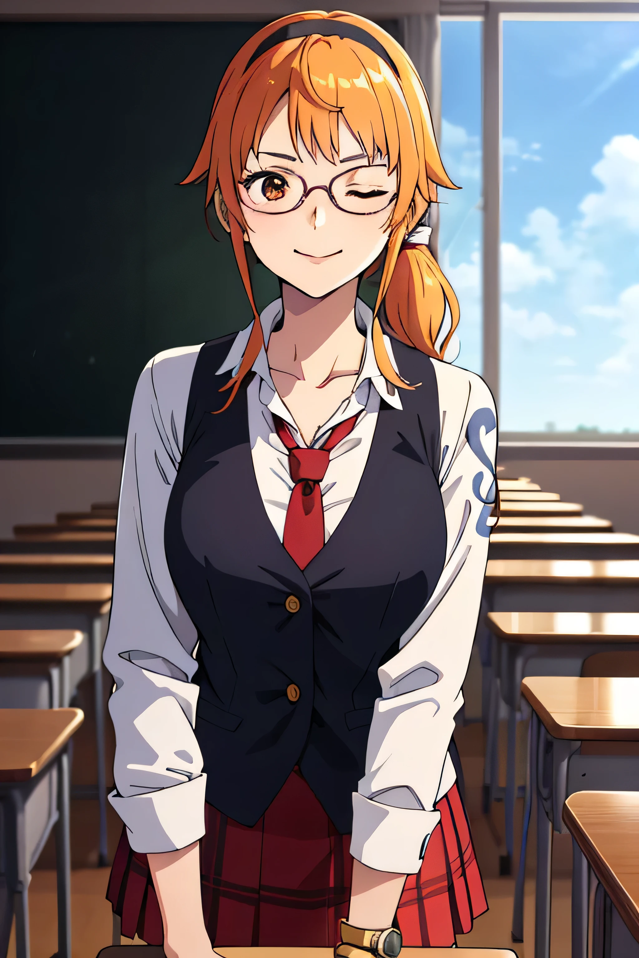 2d, masterpiece, best quality, anime, highly detailed face, highly detailed background, perfect lighting, nami, 1girl, solo, one eye closed, long hair, smile, jewelry, hairband, rimless eyewear, glasses, pleated skirt, red skirt, thighhighs, loafers, long sleeves, , red necktie, zettai ryouiki, suspenders, black vest, ), (standing, indoors, Japanese classroom), perfect lighting, smooth,blue bow, outdoors, breasts, cloud, closed mouth, ponytail, blue sky, brown eyes, orange eyes, left shoulder tattoo, very long hair, sidelocks, bangs, collarbone, upper body, left arm tattoo, blurry, hand gesture, medium breasts, blurry background, large breasts, eyelashes, sitting, shiny hair, bangle, wavy hair, ((school, classroom))