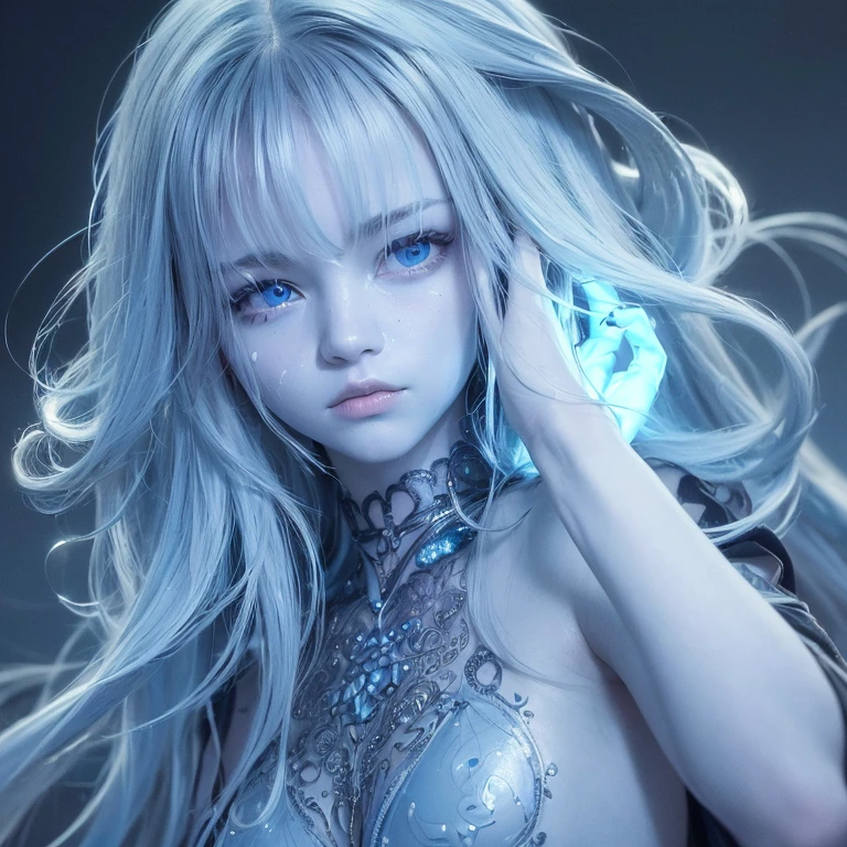 (((full medium shot))), (Masterpiece, best quality, ultra-detailed:1.3), (nice hands, perfect hands), official art, cinematic light, (1girl:1.3), adult, solo, long hair, looking at viewer, blue eyes, closed mouth, blue hair, lips, tattoo, glowing, (((blue skin))), wavy hair, glowing eyes, blue theme, forehead mark, facial tattoo, cracked skin