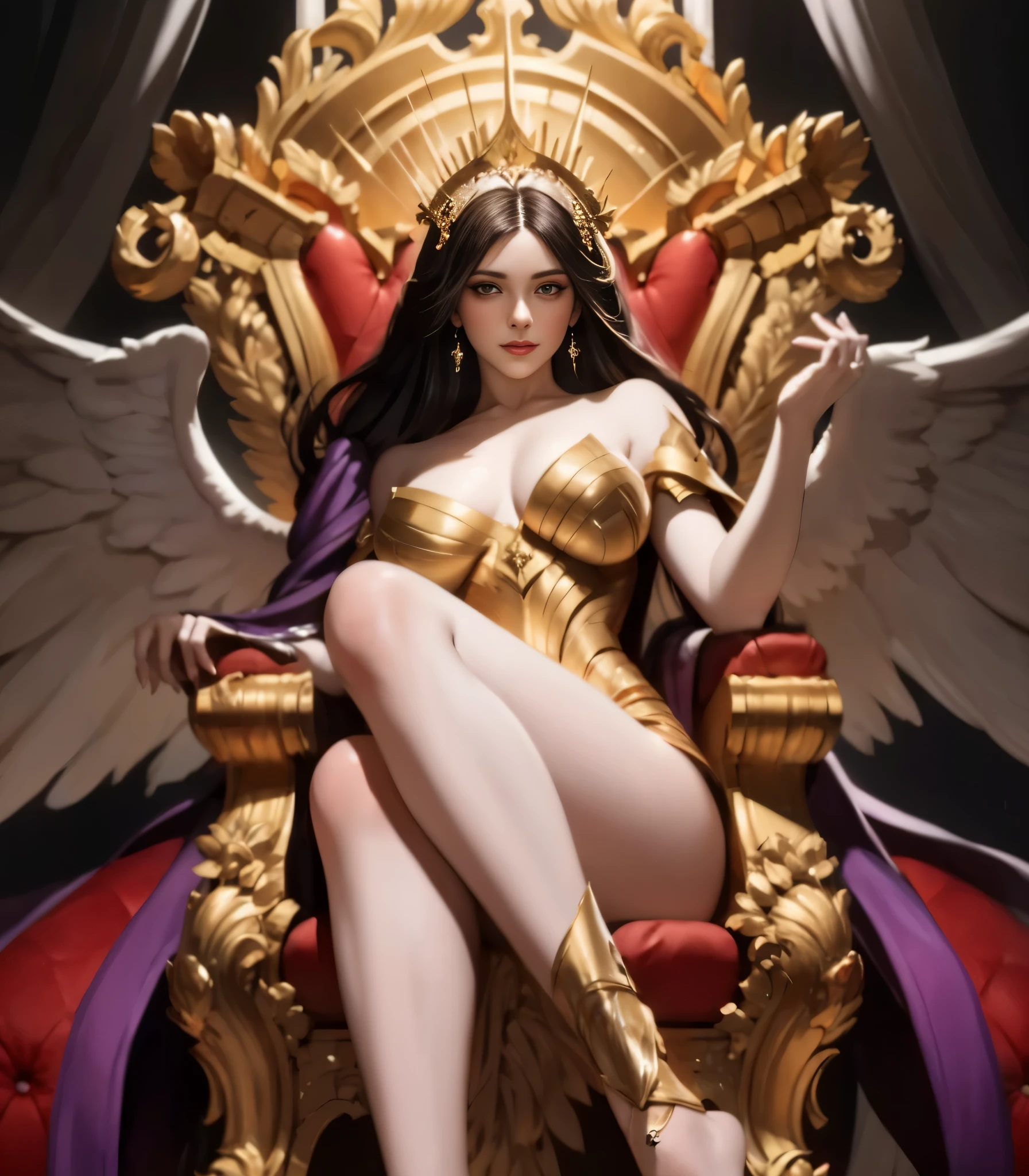 a painting of a woman sitting on a throne with wings, karol bak and peter mohrbacher, style of karol bak, sitting in a gilded throne, karol bak uhd, by Aleksi Briclot, sitting on a golden throne, hyperdetailed | donato giancola, sitting on golden throne, goddess. extremely high detail