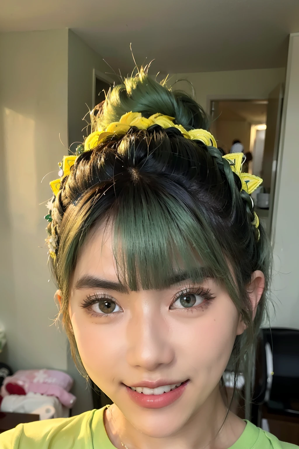 (Masterpiece: 1.1), (Best quality: 1.0), Ultra-detailed, 1 girl, 18 year old Asian Korean, stunningly beautiful, vibrant green hair, fit and toned body, wearing a bright yellow Brazilian shirt, boldly displaying the word "BRASIL" in bold letters, standing against a solid background, capturing the essence of summer and youthfulness, with a radiant smile, showcasing her pearly white teeth and sparkling eyes. Details such as her glossy green hair, the intricately designed shirt, and the expressive facial features are rendered in the highest level of detail, resulting in a breathtaking and unfor