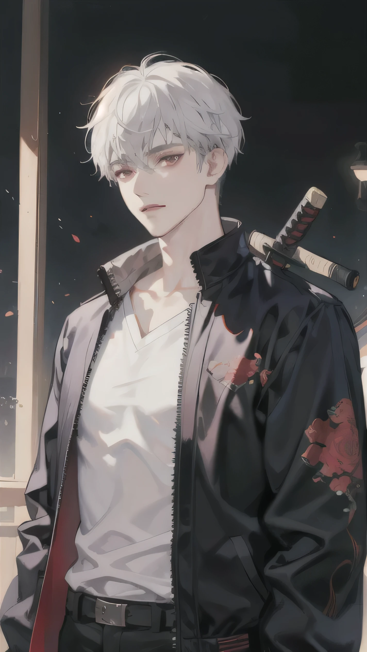 1boys, adult, white hair, red eyes, wearing Jacket, Holding modern katana, absurdres, high detailed eyes and face, high res, ultrasharp, 8K, masterpiece, photorealistic, High quality,