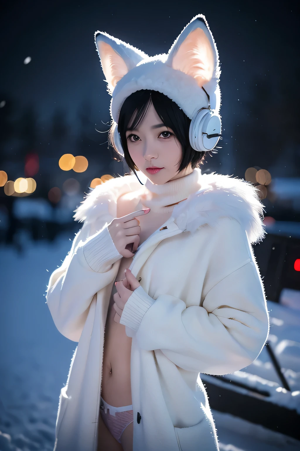 White fox, Pink eyes, Tattooed with, womb tattoo, Short hair, Black hair, Sweater men, Girl , Bisexual males, Furry, Night City, Glowing eyes, no feelings, Long tail, Collar, ​master piece, puppet, batwings, Shy, White headphones, Fox tail, Top quality, core, Slime core, White body, Name: Snow, Fox tail, Black tail, red fox, 2boy(Snow fox),  boy, Open coat,