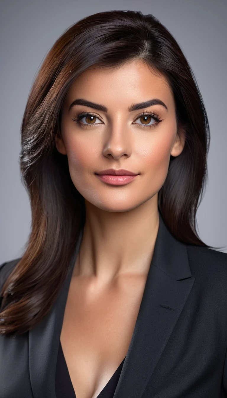 Photorealistic professional headshot dark haired attractive business girl in confident pose