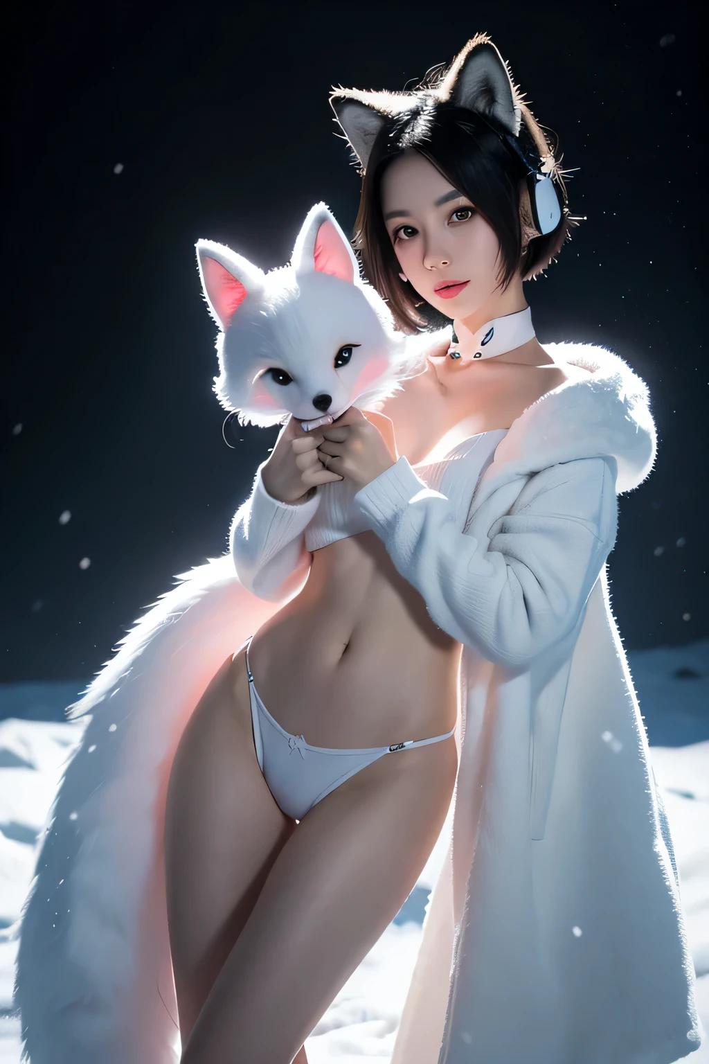 White fox, Pink eyes, Tattooed with, womb tattoo, Short hair, Black hair, Sweater men, Girl , Bisexual males, Furry, Night City, Glowing eyes, no feelings, Long tail, Collar, ​master piece, puppet, batwings, Shy, White headphones, Fox tail, Top quality, core, Slime core, White body, Name: Snow, Fox tail, Black tail, red fox, 2boy(Snow fox), Little boy, Open coat,