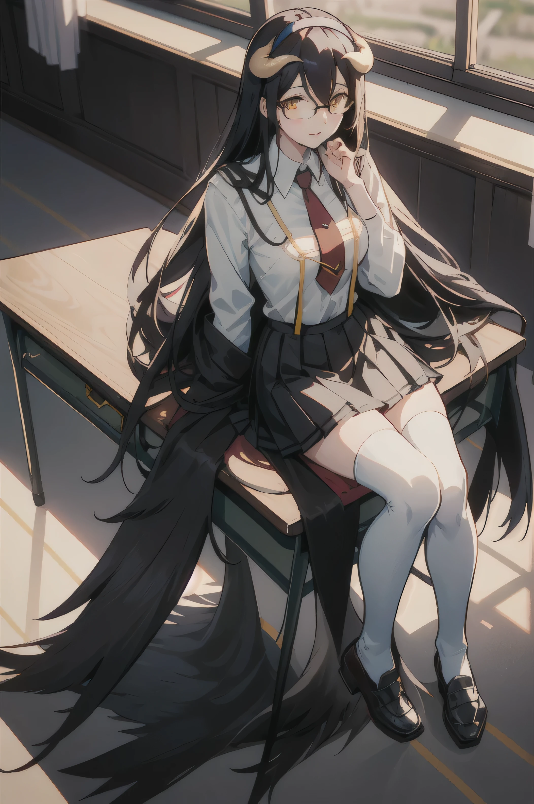 (((18 year old)))albedow, albedowings, medium breasts, long black hair, yellow eyes, looking at viewer, evil smile, parted lips, ((school, classroom)), hairband, rimless eyewear, glasses, pleated skirt, red skirt, thighhighs, loafers, long sleeves, , red necktie, zettai ryouiki, suspenders, black vest, ), (standing, indoors, Japanese classroom), perfect lighting, smooth, hdr, Classroom, school, sitting 