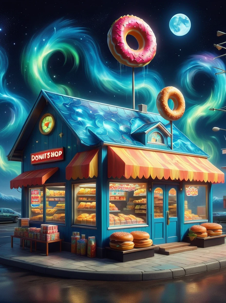 (masterpiece), best quality，(shiny:1.2)，(dream world:1.4)，(A Van Gogh-style midnight convenience store:1.5), A cute and cheerful midnight convenience store，Delicious super burger，tomato, lettuce, tomato酱, cheese splash, Hamburg style, and other decorations, dream world, Cute cartoon design style, night，Sky，full moon，(Cute donut man is sorting goods:1.3)，(Donut Shop Clerk)，Vibrant colors，bright，1.4x more realism，ultra high definition，All shown in this beautiful scene，The content is very detailed，Reasonable design，clear lines，high definition，masterpiece，official art，Movie lighting effects，8K