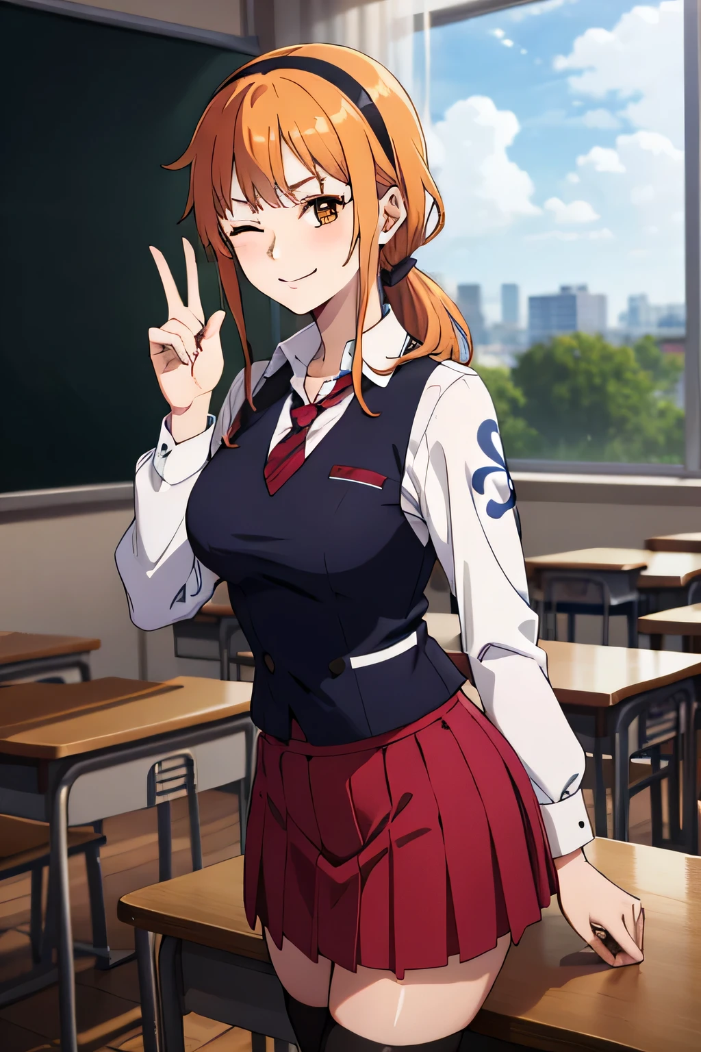2d, masterpiece, best quality, anime, highly detailed face, highly detailed background, perfect lighting, nami, 1girl, solo, one eye closed, long hair, smile, jewelry, hairband, pleated skirt, red skirt, thighhighs, loafers, long sleeves, , red necktie, zettai ryouiki, suspenders, black vest, ), (standing, indoors, Japanese classroom), perfect lighting, smooth,blue bow, outdoors, breasts, cloud, closed mouth, ponytail, blue sky, brown eyes, orange eyes, left shoulder tattoo, very long hair, sidelocks, bangs, collarbone, upper body, left arm tattoo, blurry, hand gesture, medium breasts, blurry background, large breasts, eyelashes, sitting, shiny hair, bangle, wavy hair, ((school, classroom))