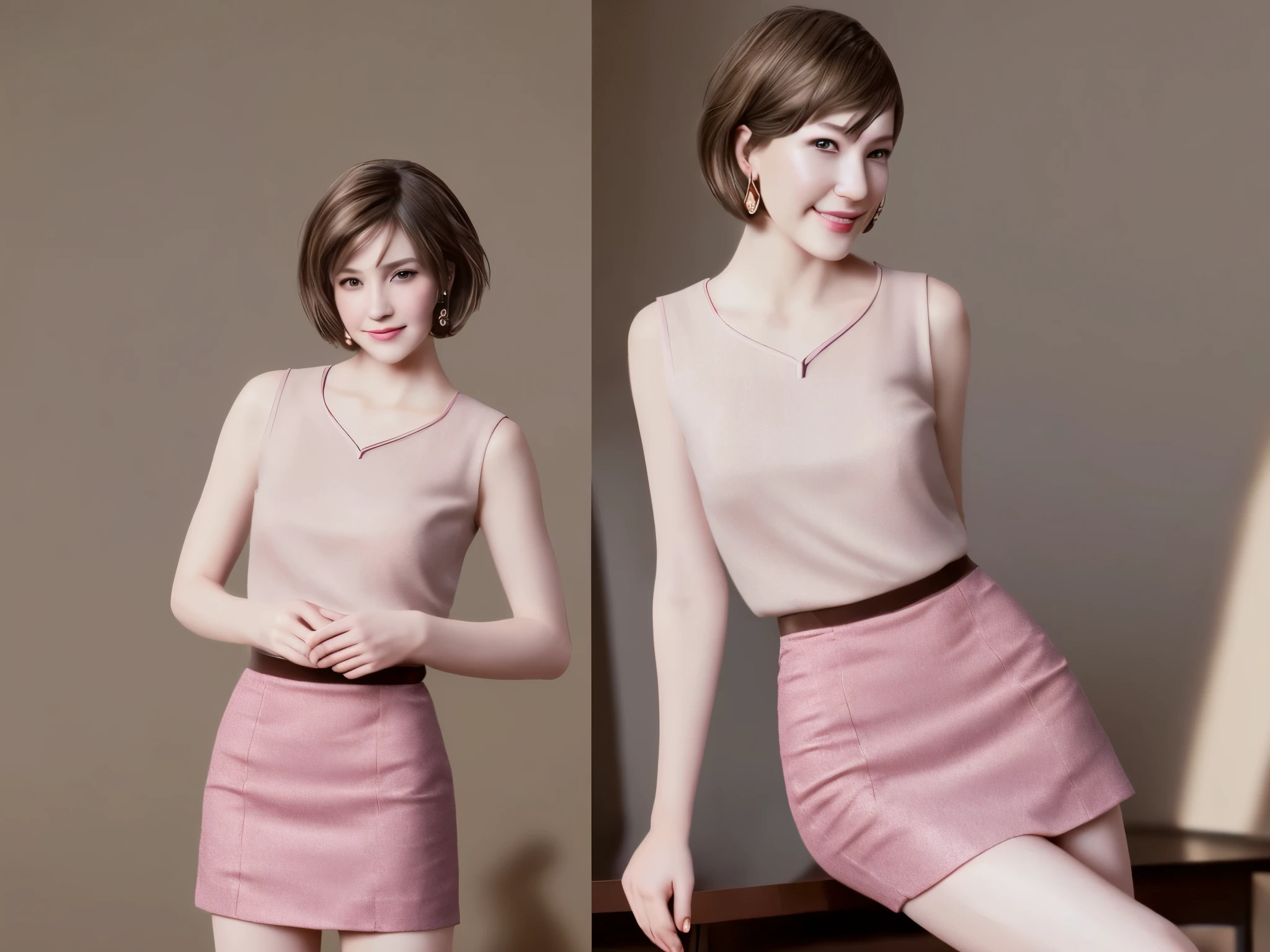 brown hair, Cute woman in her 30s,short cut hair, Tall figures, long legs, (suit)(mini skirt), (Pink T-back), Lift your leg, T-back is visible, cute smile, Earring rings in ears,16k, Exquisite sparkle in the eyes, high quality, masterpiece, exquisite features, Delicate hair depiction, masterpiece, 最high quality, ray tracing, Highly detailed CG integrated 8k wallpaper, masterpiece, 最high quality, (1 girl), perfect woman image,F Cup