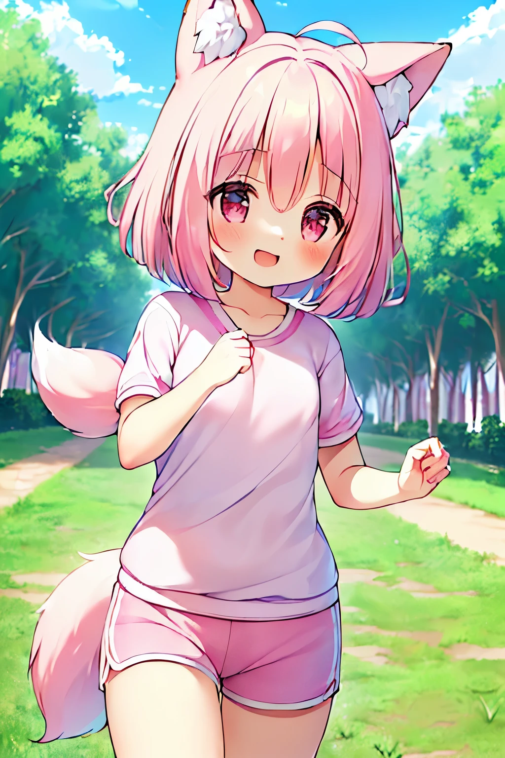 (((masterpiece))), (((最high quality))), (((high quality))), (((beautiful))), (((8K))), (((High resolution)) (((超High resolution))), (((High resolution))), (pink short hair:1.3), (Pink fox tail:1.4), (Pink fox tail:1.2), Pink fox ears with white tips, (pink eyes), small breasts, (cowboy shot:1.3), (laughing:1.3), Park Trails,  park tree々, (running:1.4), (Run:1.4), (Girl running:1.4), blue sneakers, sportswear