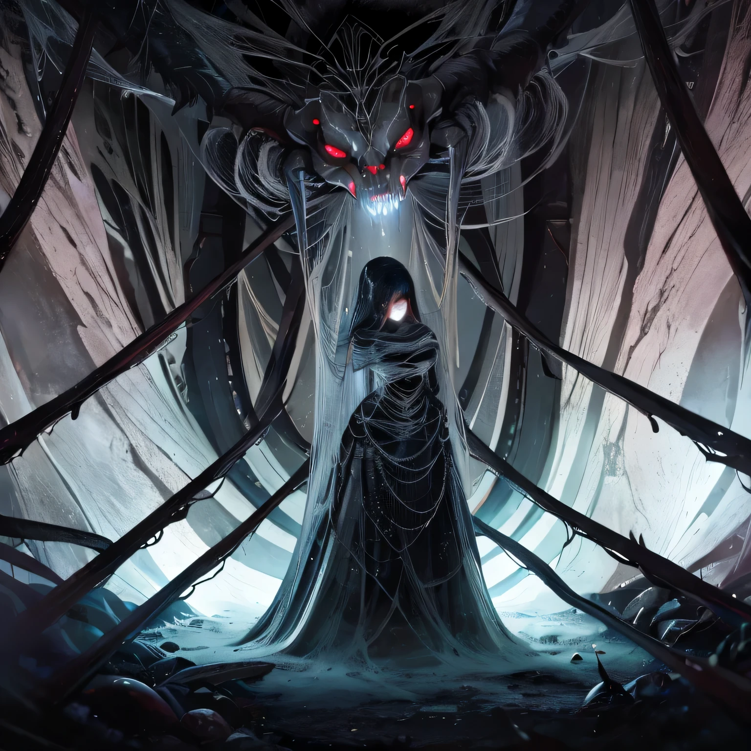 (best quality, highres:1.2), realistic, intense, dark mood, detailed spider web, detailed cocoon, intricate design, tangled web, haunting image, shadowy atmosphere, hauntingly beautiful, ethereal, trapped, trapped in despair, struggle, fear, intricate patterns, delicate threads, gloomy scene, suspenseful, mysterious, suspense, suspenseful setting, entangled, struggles of temptation, enigmatic, drenched in shadows, gothic, sinister beauty, eerie, ominous, chilling, nightmare, claustrophobic, tension, fear of the unknown, ensnared, trapped in a nightmare, entwined, hopeless, trapped in darkness, desperate fight, gripping, heart-wrenching, eerie silence, struggle for freedom, fighting against fate, hauntingly captivating, suffocating, unable to escape, fragile, intricate details, surreal, imprisoned, fragile hope, struggle to break free, struggle against the odds, ensnared by destiny, hauntingly trapped, inescapable, tormented, unsettling, enshrouded in darkness, fate's grasp, intricate entrapment, ethereal beauty, captivating despair, desperate plea, desperate yearning, defiance amidst adversity, suffocating gloom, delicate strength, fighting against the inevitable, faded hope, eerie whispers, piercing eyes of the spider, silent screams.