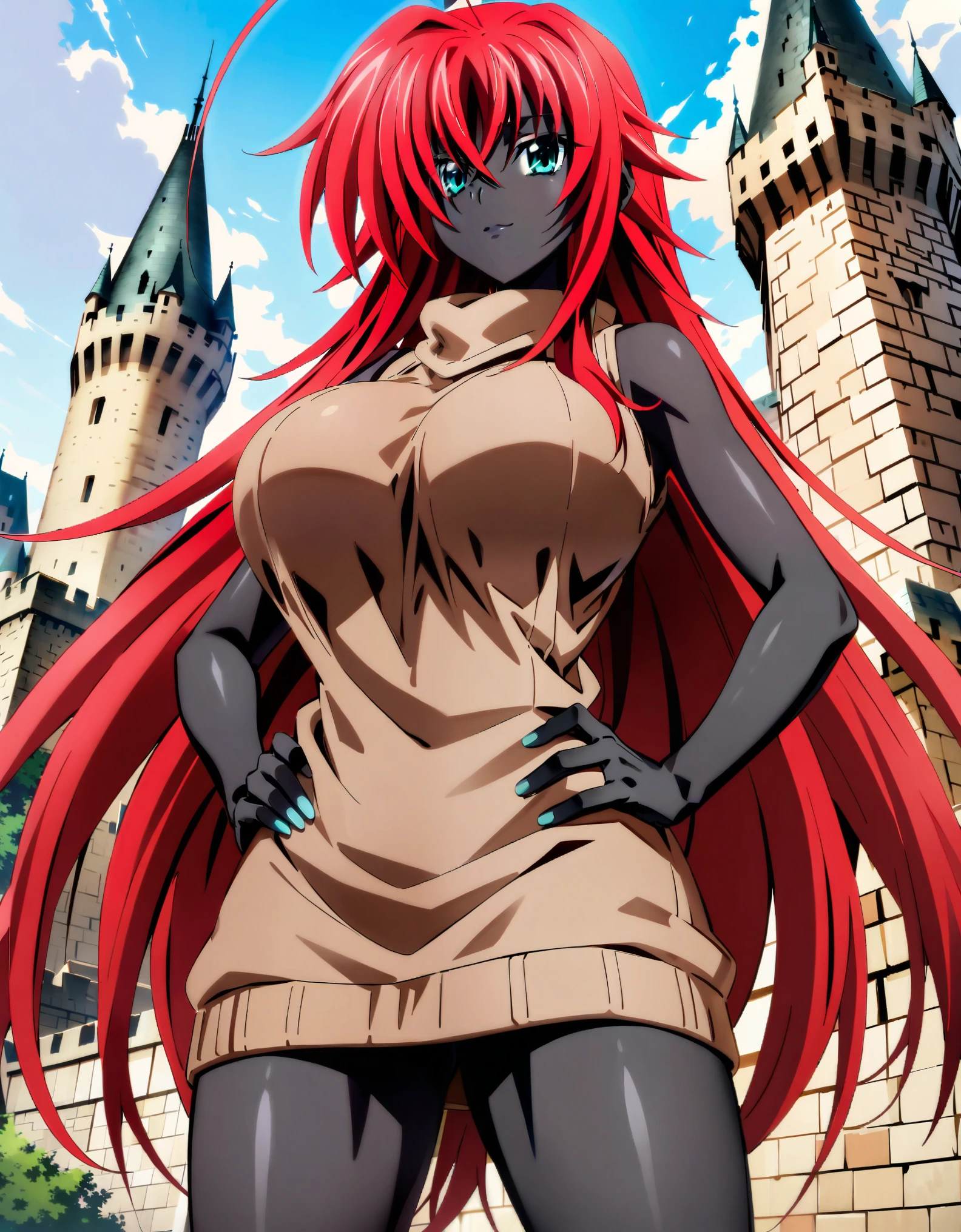 masterpiece, high quality, extremely detailed, 1girl, solo, (dark skin, black skin:2.1), sysdeep_rias, (huge breasts:1.2), ((((red hair), ahoge, long hair, hair over one eye, aqua eyes))), blue lips, (((sweater dress, sleeveless))), ((light smile), closed mouth), ((hands on own hips, outdoor, castle))