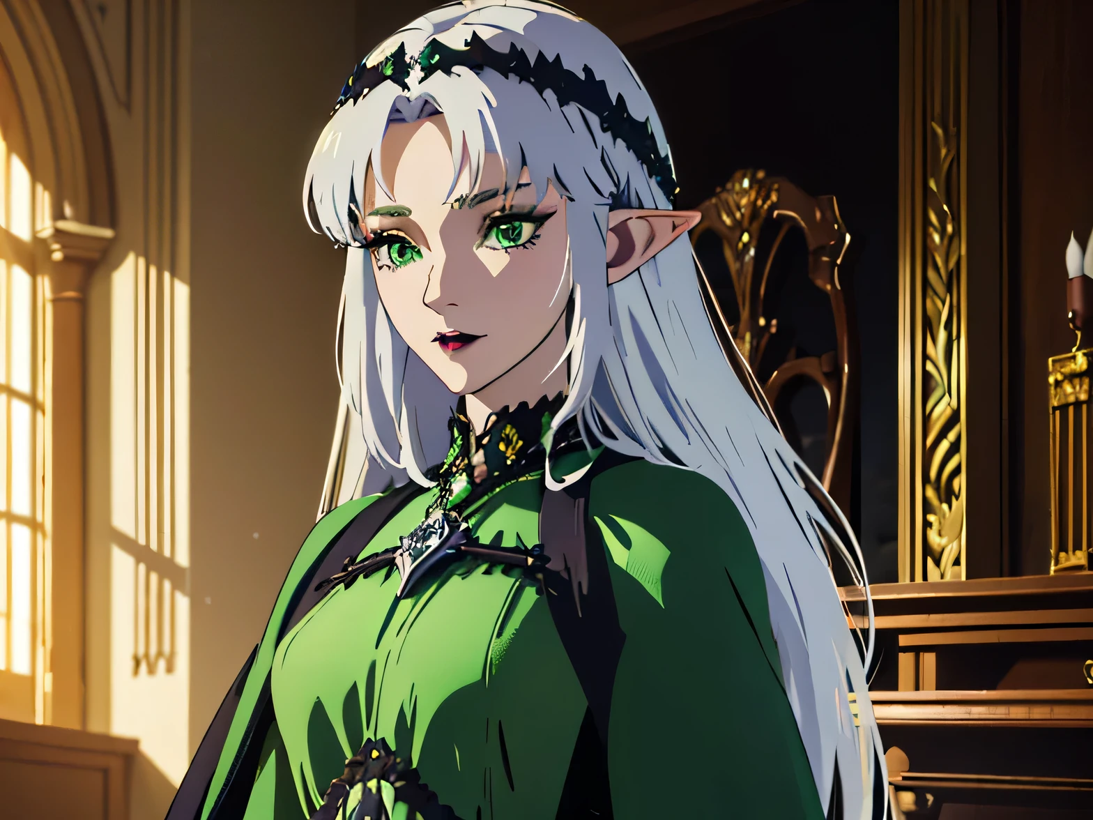 (masterpiece), (absurd, high resolution, super detail), dynamic lighting, blurry background, beautiful face, fantastic , elf, elf, one woman, mature woman, age up, silver hair, green eyes, parted bangs, circlet, perfect body, long thighs, detailed eyes and detailed face, highly detailed CG unified 8k wallpaper, intricate details, viewer view, solo, Upper body, detailed background, upper body, detailed face, (Gothic Dark Ages theme: 1.5), crystal sorcerer, nature-themed clothing, green legal robe, glowing magic fragments, green magic crystal, throne, audience room, magic floating particles, wind magic, magnificent ethereal atmosphere, updraft, portrait, appeal)), armor,
