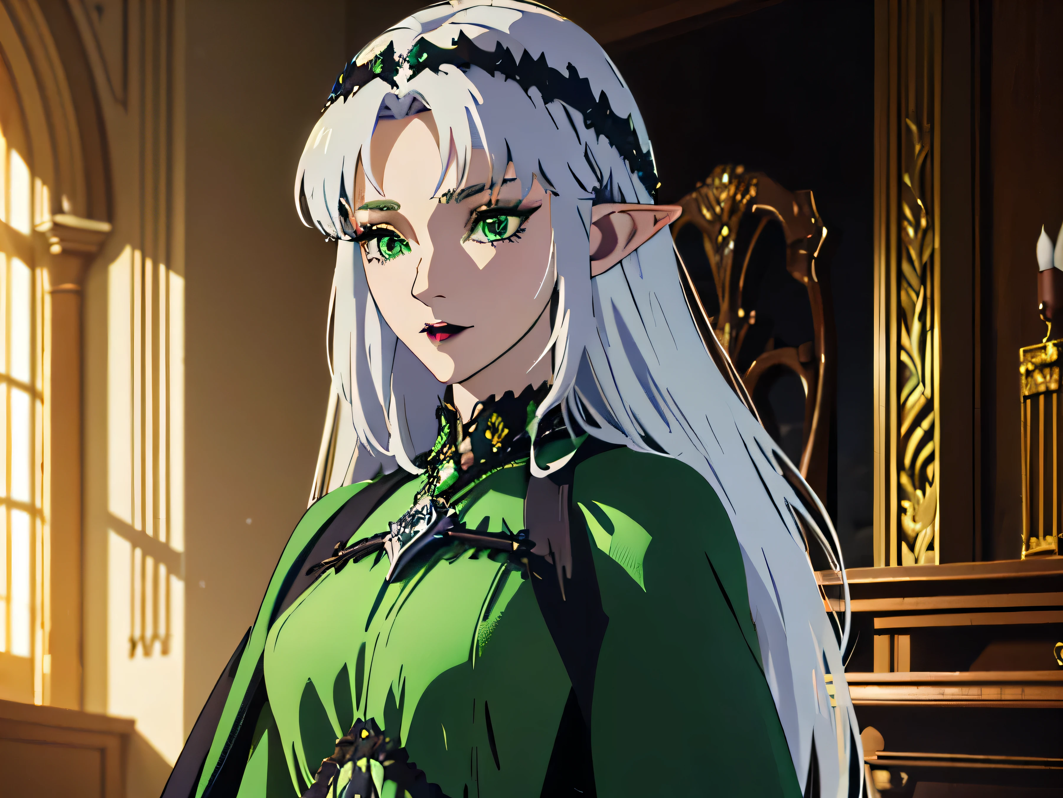 (masterpiece), (absurd, high resolution, super detail), dynamic lighting, blurry background, beautiful face, fantastic , elf, elf, one woman, mature woman, age up, silver hair, green eyes, parted bangs, circlet, perfect body, long thighs, detailed eyes and detailed face, highly detailed CG unified 8k wallpaper, intricate details, viewer view, solo, Upper body, detailed background, upper body, detailed face, (Gothic Dark Ages theme: 1.5), crystal sorcerer, nature-themed clothing, green legal robe, glowing magic fragments, green magic crystal, throne, audience room, magic floating particles, wind magic, magnificent ethereal atmosphere, updraft, portrait, appeal)), armor,
