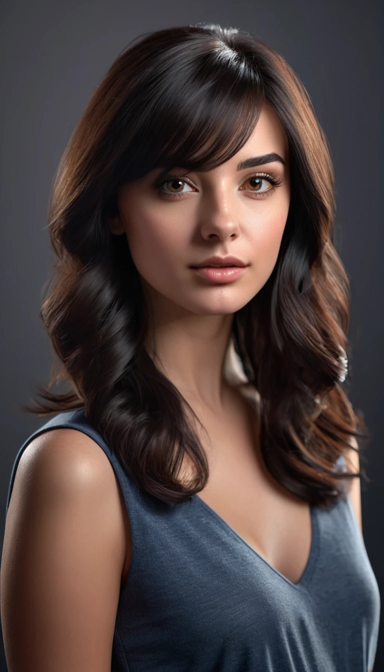 Photorealistic professional headshot dark haired attractive realistic proportions girl. Use cinematic studio lighting