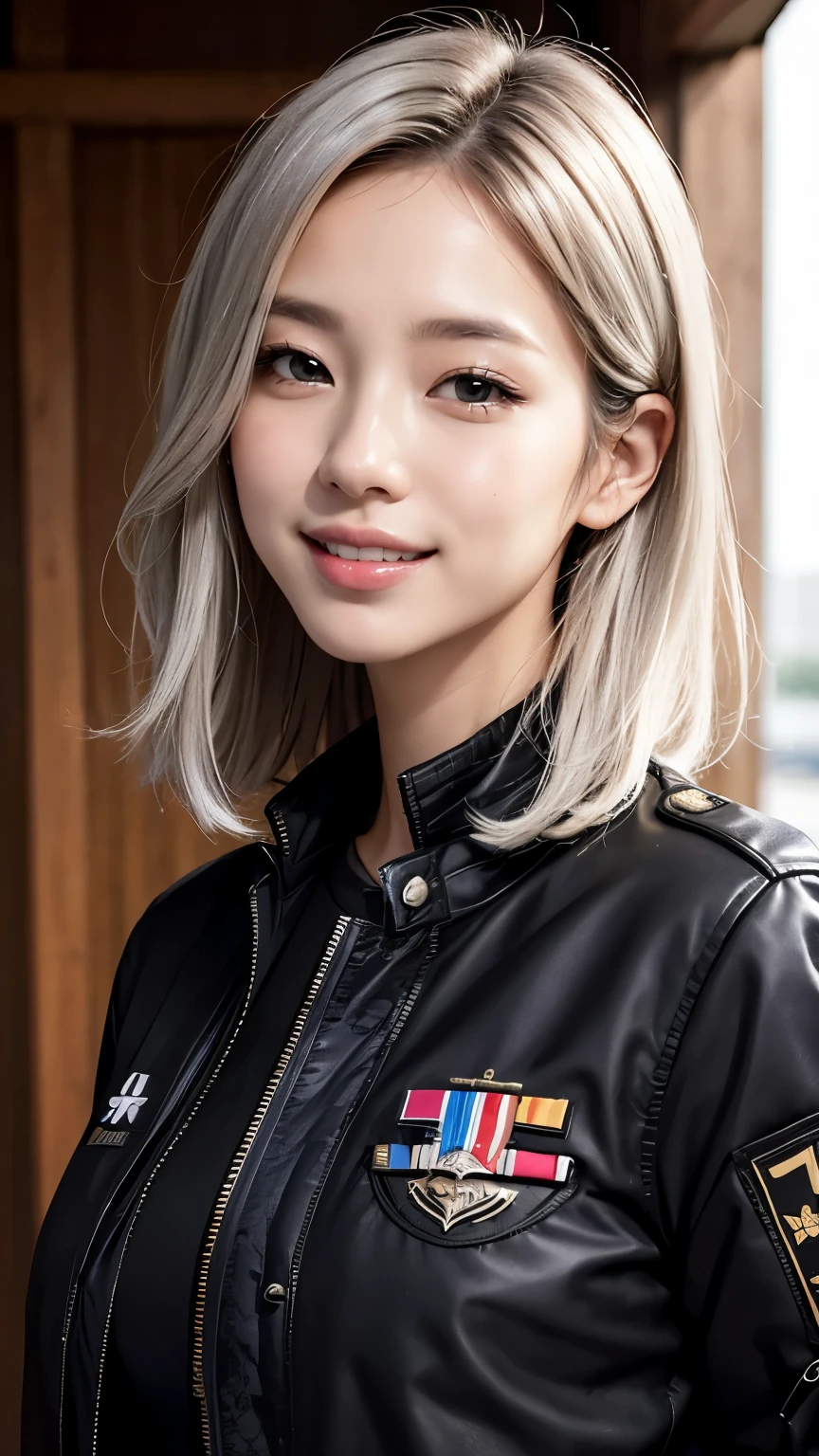 Realistic, masterpiece, highest quality, highest resolution, A portrait depicting only the upper body of a Japanese woman, A happy smile, slightly turned to the side, definitely looking at the audience, beautiful detailed eyes, black eyes, sparkling eyes, (hidden creased eyelids:1.2), thin eyebrows, Carefully draw eyelashes, natural makeup, middle hair, silver hair, detailed face, (black military jacket, MA-1:1.3)