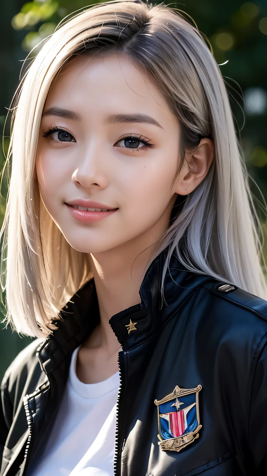 Realistic, masterpiece, highest quality, highest resolution, A portrait depicting only the upper body of a Japanese woman, A happy smile, slightly turned to the side, definitely looking at the audience, beautiful detailed eyes, black eyes, sparkling eyes, (hidden creased eyelids:1.2), thin eyebrows, Carefully draw eyelashes, natural makeup, middle hair, silver hair, detailed face, (black military jacket, MA-1:1.3)