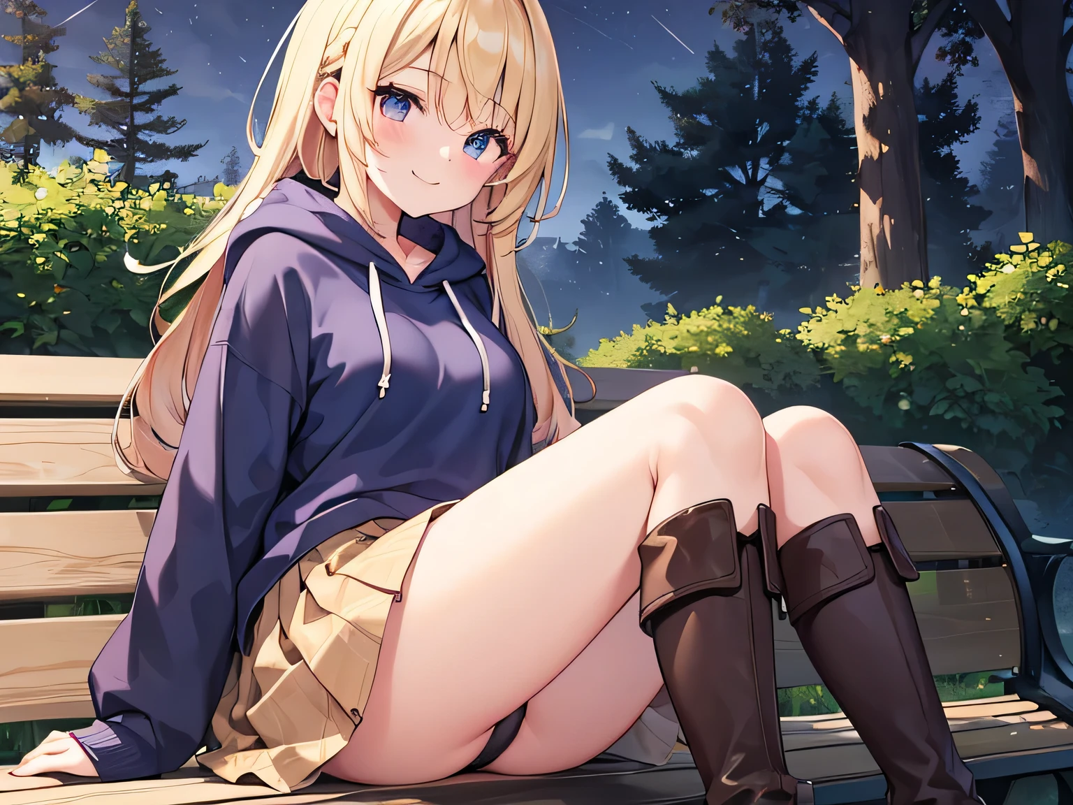 (Masterpiece, highest quality, high resolution, realistic photos, realistic looking skin:1.1),
(Woman sitting on park bench late at night:1.5),
(Her skirt is so short you can almost see her panties: 1.8),
(She has a smiling expression on her face: 1.5),
(She is wearing a red long-sleeved hoodie:1.5),
(She is wearing a navy blue pleated miniskirt:1.5),
(She is wearing brown knee-length boots on both feet: 1.8),
(Her panties are pink simple cotton: 1.5),
(She has long blonde hair: 1.5),
(She has a young face:1.5),
(Location: park bench surrounded by trees late at night:1.5),
1 Japanese girl, solo, full bodied esbian, beautiful eyes, glowing eyes, glowing thighs, NSFW