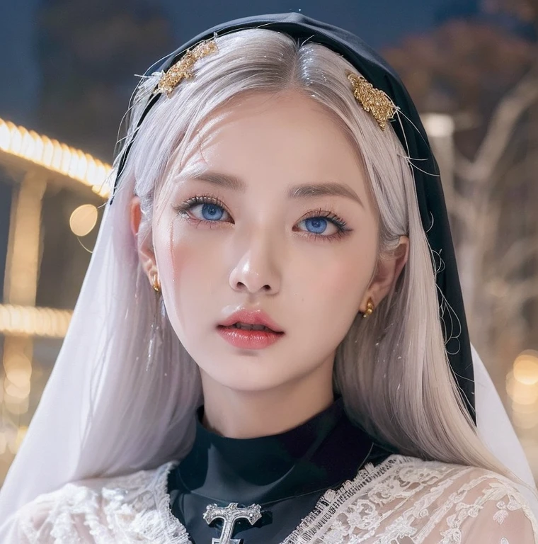 1 miniature Beautiful beautiful woman - Yuan Sayuki, ((top quality, 8K, Masterpiece:1.retty woman, 1 woman, huge breasts:1.3, a slim body:1.1, lush white Long hair, (shower, wet body, wet clothes:1.1), very detailed face, detailed lips, detailed eyes, double eyelids, Detailed blue eyes, чрезвычайно Detailed Outstanding Blue Eyes, short white wet hair, white wet hair, Detailed Outstanding Blue Eyes, innocent look at the viewer, very wet wavy white hair, Detailed Outstanding Blue Eyes, huge cross earrings, Outdoors, badges behind, gothic wedding uniform, sexy gothic style wedding dress with veil, bare chest, huge chest tattoo wearing a wreath, detailed huge earrings, chest tattoo, Outside - there are trees and a buddhist temple in the background, wear a silver cross (Detailed cross shape), reality mode, wet breasts, black necklace, black wedding dress and black veil, human crowd behind, head/forehead chain veil, black latex gloves, naked breasts, naked breasts, naked nipples, hair of white snowy colour, night time, red neon lights, demonic nun, nimbus (golden lighting ring above her head)