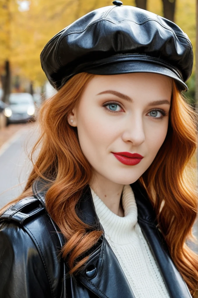 A close-up portrait of a gorgeous, beautiful, stunning russian woman wearing a classy outfit: a black belted double breasted leather trench coat, a beige sweater, and a black newsboy cap. A redhead woman from Russia, delicate red lips, pastel pink skin tone, soft flawless pale skin, soft make-up, scarlet red lipstick. Classy, elegant, stylish redhead woman, a majestic lady, dream beauty, ethereal beauty, delicate, sensitive, tender, lovely, romantic, kind, so femenine and strong, brave, pushing, spirited, lively, brisk determined woman. Elegant look, flowing and glowing layered wavy ginger hair.She's making a photo book, fall-winter season. smiling at camera, professional photograph, editorial photograph, modeling photograph, portrait photo of a russian model.