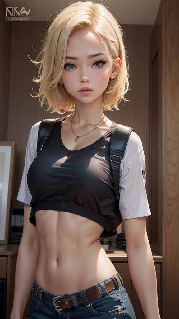 Beautiful girl , short blonde hair , fit body ,, big breasts , crop top, mini skirt