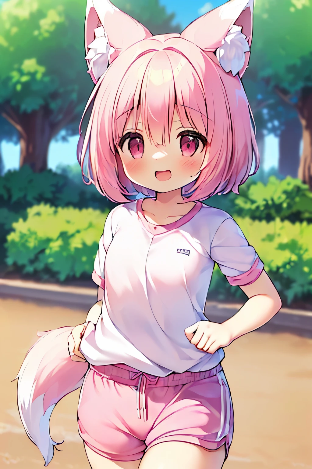 (((masterpiece))), (((最high quality))), (((high quality))), (((beautiful))), (((8K))), (((High resolution)) (((超High resolution))), (((High resolution))), (pink short hair:1.3), (Pink fox tail:1.4), (Pink fox tail:1.2), Pink fox ears with white tips, (pink eyes), small breasts, (cowboy shot:1.3), (laughing:1.3), Park Trails, park tree々, (running:1.4), (Run:1.4), (Girl running:1.4), blue sneakers, sportswear