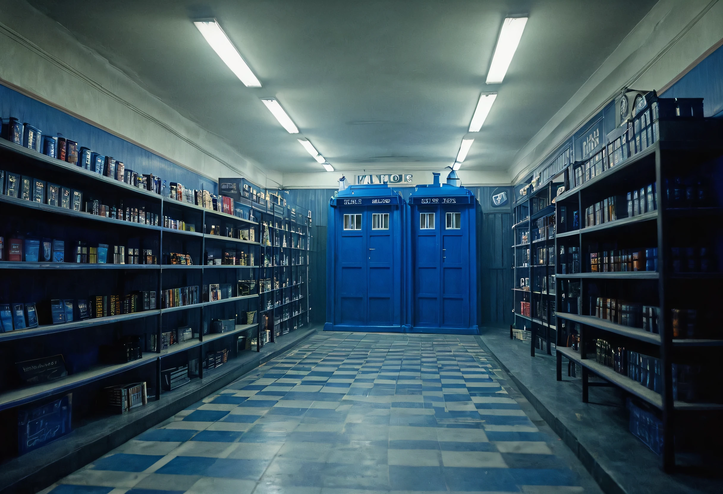 A large hall with empty shelves of the midnight convenience store, in the center of the hall stands the Tardis and David John Tennant as Doctor Who, cinematic frame