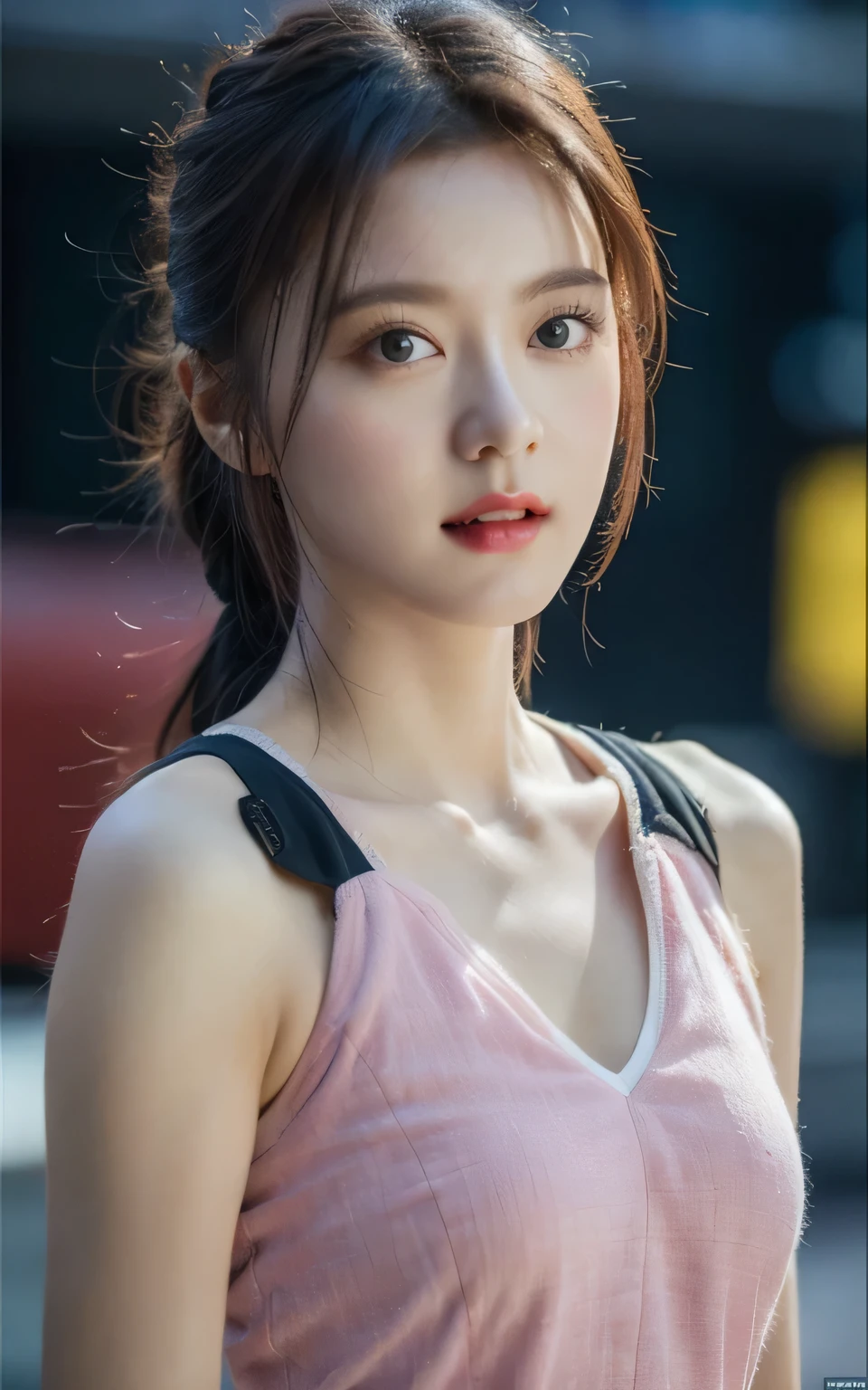 Highly detailed CG Unity 8k wallpaper., Highest quality, Superb details, Masterpiece, realistic, photo realistic, Cute girl, very detailed, 25 years old, muscle, abdomen, weather, viewer,  Blush, Chapped lips, half body shot , 
Sportswear , Arena , look behind, short ponytail