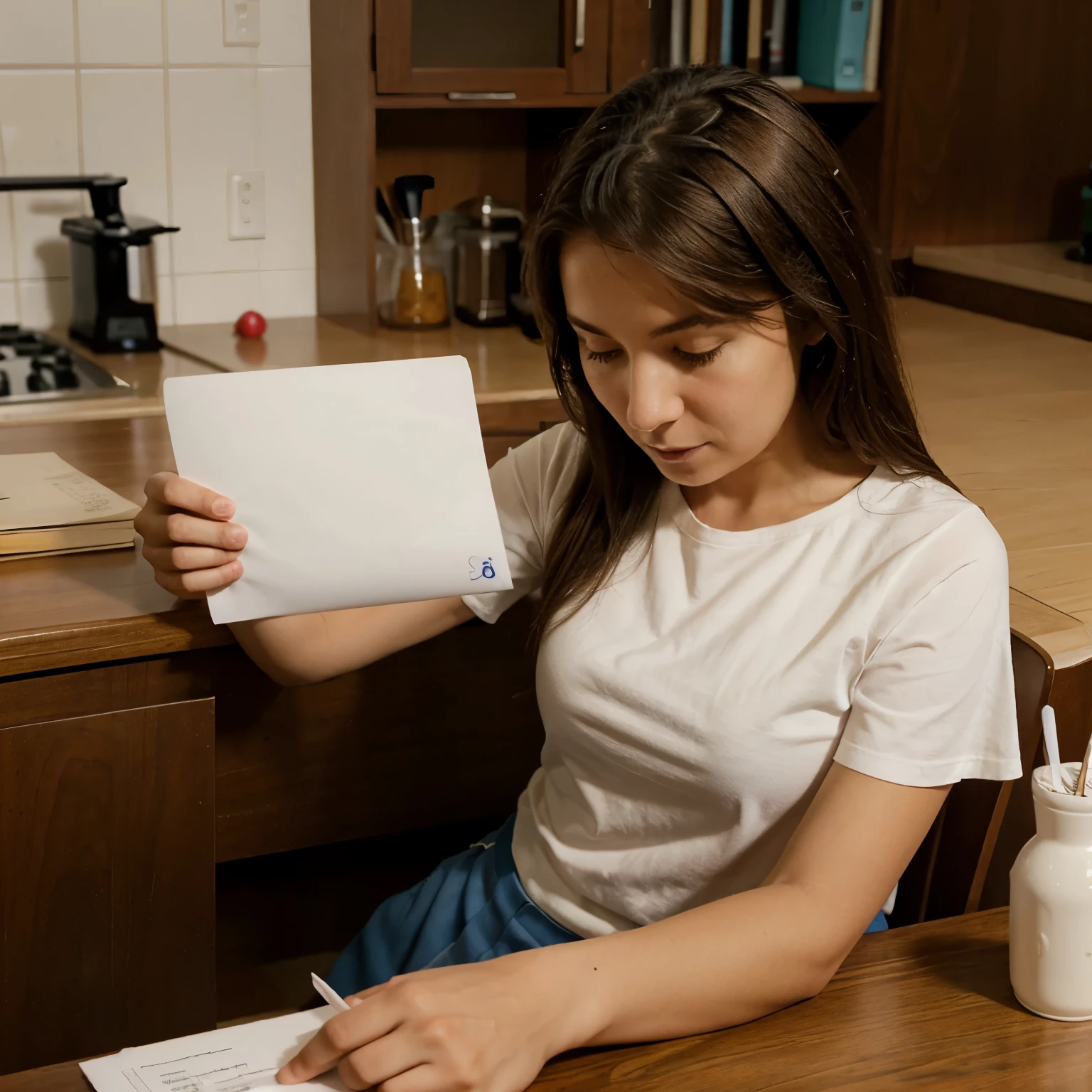 sketch a mother putting the envelope on the table and a girl just sitting