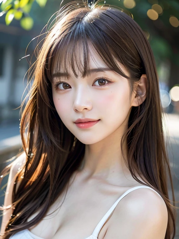 With the alleys of Kyoto in the background、18 year old girl、independent、facing forward、Light eye makeup、brown hair color、Flat 、hair blowing in the wind、quality of actress、shiny, super realistic face、smileの表情、Moist eyes、look up、calming lighting effect、 ultra-realistic capture、very detailed、High resolution 16K close-up of human skin。Skin texture must be natural、Must be detailed enough to see pores、skin is healthy、Must be even tone、Use natural light and color、High quality photos taken by a modeling agency'Exclusive photographer、smile