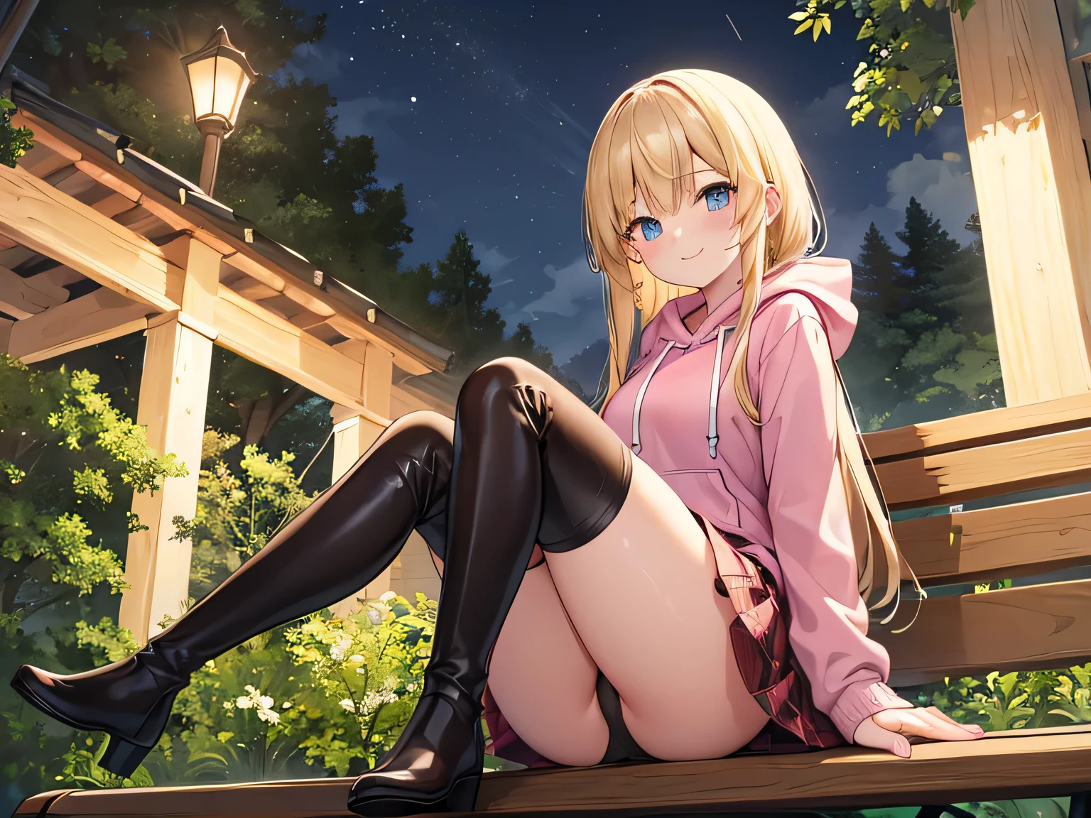 (Masterpiece, highest quality, high resolution, realistic photos, realistic looking skin:1.1),
(Woman sitting on park bench late at night:1.5),
(Her skirt is so short you can almost see her panties: 1.8),
(She has a smiling expression on her face: 1.5),
(She is wearing a red long-sleeved hoodie:1.5),
(She is wearing a navy blue pleated miniskirt:1.5),
(She is wearing brown knee-length boots on both feet: 1.8),
(Her panties are pink simple cotton: 1.5),
(She has long blonde hair: 1.5),
(She has a young face:1.5),
(Location: park bench surrounded by trees late at night:1.5),
1 Japanese girl, solo, full bodied esbian, beautiful eyes, glowing eyes, glowing thighs, NSFW