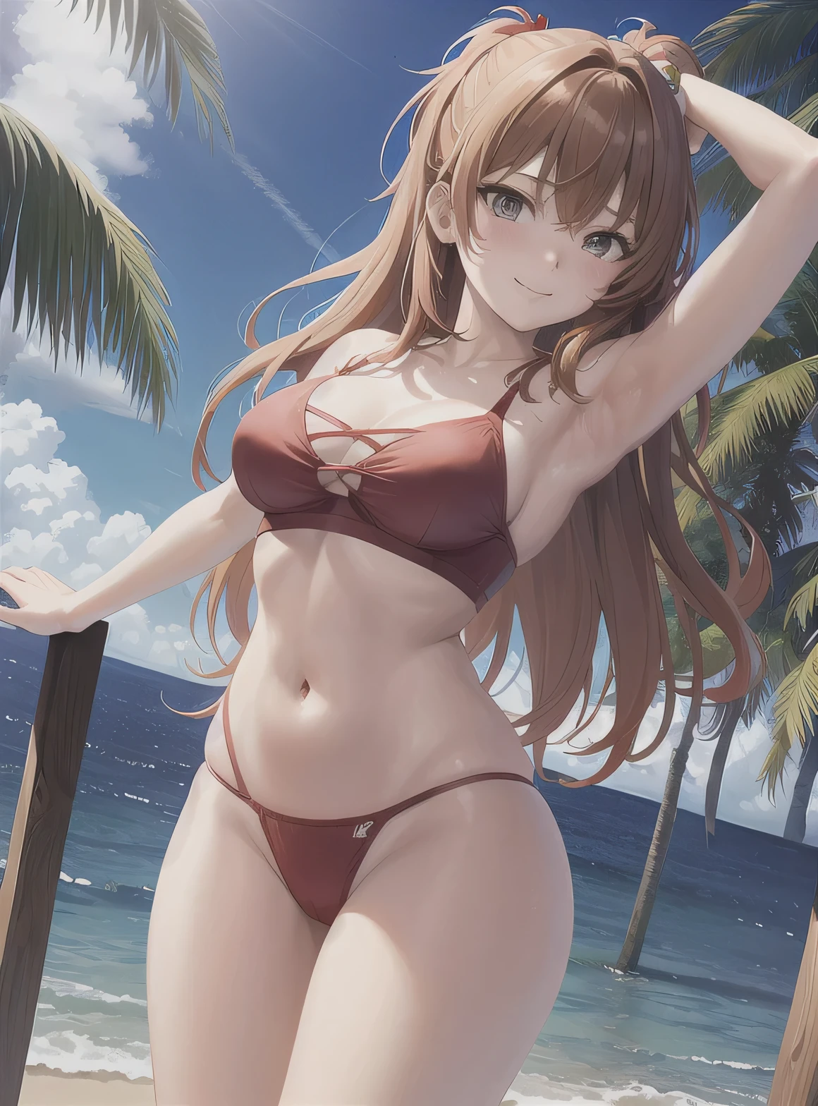 Asuka Langley Soryu, Evangelion, Asuka　Langley, beach, Palm tree, swimsuit, long hair, bangs, blue eyes, brown hair, hair ornaments, mature woman, looking at the viewer, cowboy shot, dutch angle, dynamic pose,joy,origin,(beautiful face),(realistic face, perfect eyes,1.1),analog style,RAW,real life photo,medium quality,normal aesthetic,break,1girl,(japanese girl:1.1),(round face:1.3),break,(intricate underwear),(masterpiece, highest quality, 16K), delicate, Detailed, Sharp, 1 girl, smile