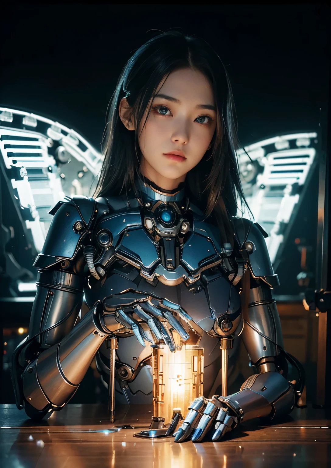 (masterpiece, best quality:1.2), (8k uhd, 16k, 32k, ultra high res), (photorealistic:1.37), (RAW photo), ultimate-realistic, ultimate-realistic details, ultimate-realistic texture, ultimate-intricate details, ultimate-realistic lighting, ultimate-realistic shadow, japanese girl, ultimate-cute face, ultimate-RAW skin, ultimate-realistic eyes, cyborgized Japanese woman, extremely ultra cute face, , skinny body, flat chest, (blue metallic mechanical frame:1.5), (Power cables connected throughout the body), detaile up, Instead of hair, there are cables growing out of it, mechanical fusion, mechanical skeleton, bio mechanics, mechanical life-form, highly intricate detail, extremely ultra real texture, human-like skin, realistic hair, ultra realistic details, professional lighting, (realistic:1.4), (RAW photo:1.2), (photorealistic:1.5)