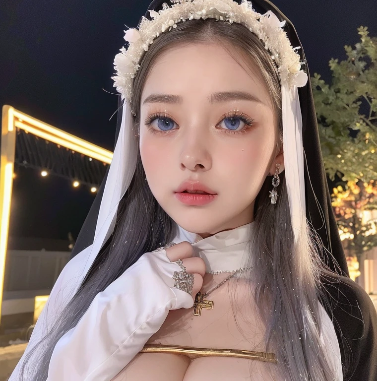 1 miniature Beautiful beautiful woman - Yuan Sayuki, ((top quality, 8K, Masterpiece:1.retty woman, 1 woman, huge breasts:1.3, a slim body:1.1, lush white Long hair, (shower, wet body, wet clothes:1.1), very detailed face, detailed lips, detailed eyes, double eyelids, Detailed blue eyes, чрезвычайно Detailed Outstanding Blue Eyes, short white wet hair, white wet hair, Detailed Outstanding Blue Eyes, innocent look at the viewer, very wet wavy white hair, Detailed Outstanding Blue Eyes, huge cross earrings, Outdoors, badges behind, gothic wedding uniform, sexy gothic style wedding dress with veil, bare chest, huge chest tattoo wearing a wreath, detailed huge earrings, chest tattoo, Outside - there are trees and a buddhist temple in the background, wear a silver cross (Detailed cross shape), reality mode, wet breasts, black necklace, black wedding dress and black veil, human crowd behind, head/forehead chain veil, black latex gloves, naked breasts, naked breasts, naked nipples, hair of white snowy colour, night time, red neon lights, demonic nun, nimbus (golden lighting ring above her head)