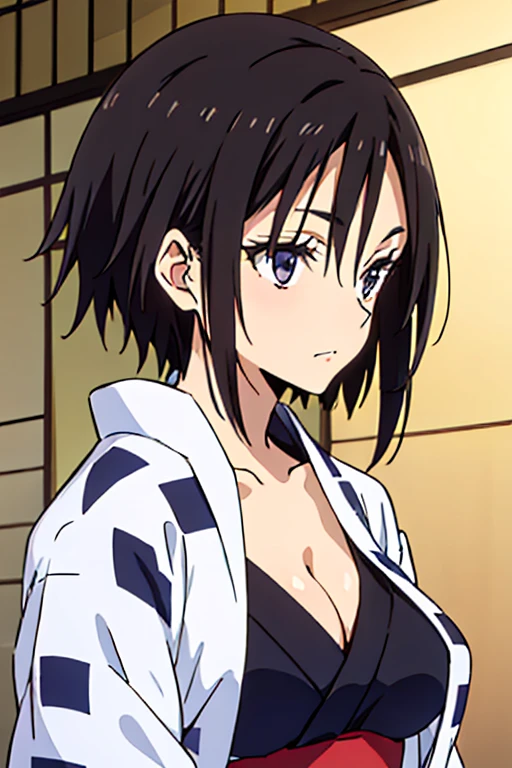 sakaguchihinata\(ttigraas\), black hair, large breast, cleavage, (japanese clothes, yukata:1.5), upper body