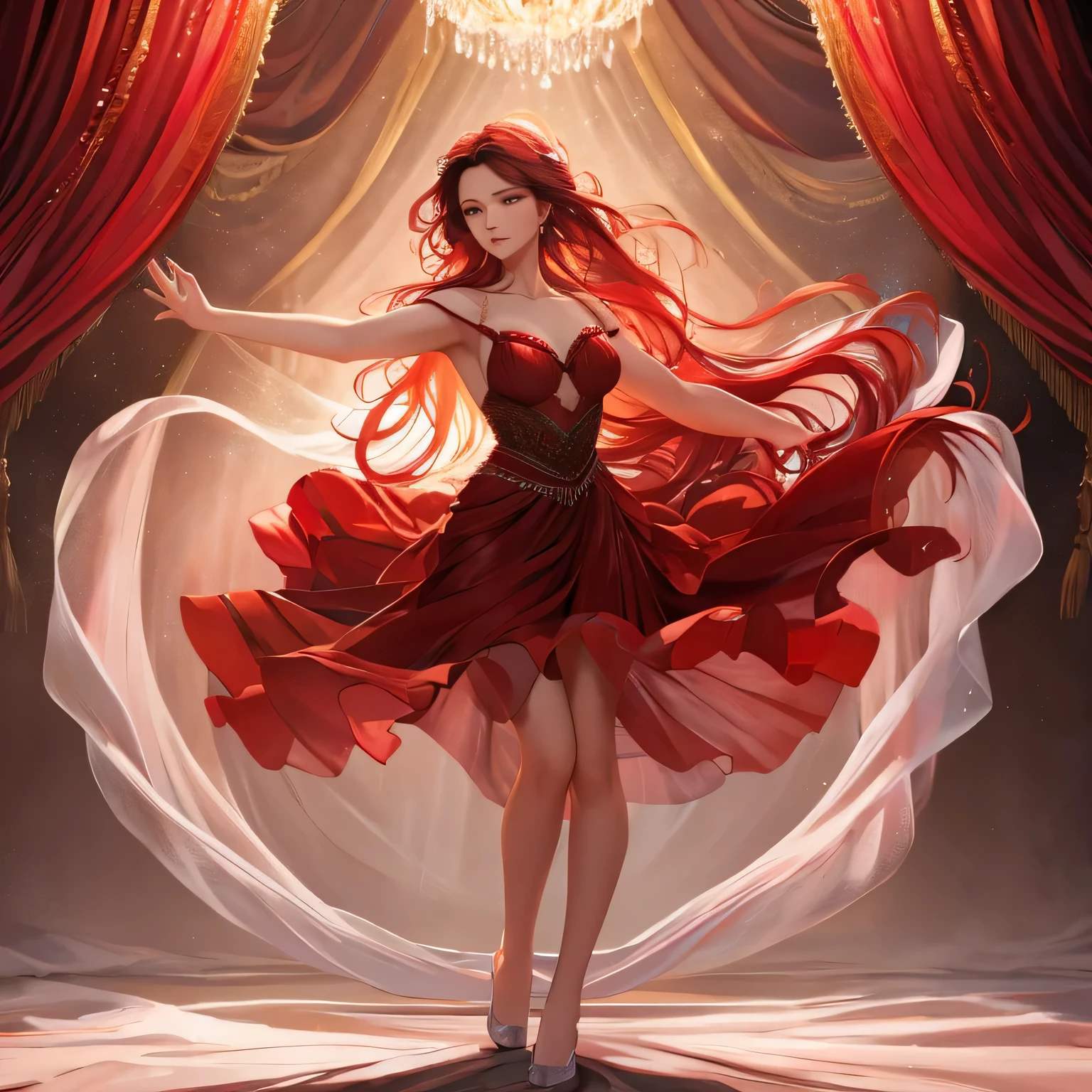 "(best quality, highres), vibrant, sensual, red long sheer skirt, beautiful woman posing, detailed facial features, flowing hair, graceful movement, alluring gaze, elegant posture, soft lighting, artistic composition, figure study, fine art, vivid colors, captivating expression, delicate fabric, ethereal atmosphere, flowing lines, sensual body language"