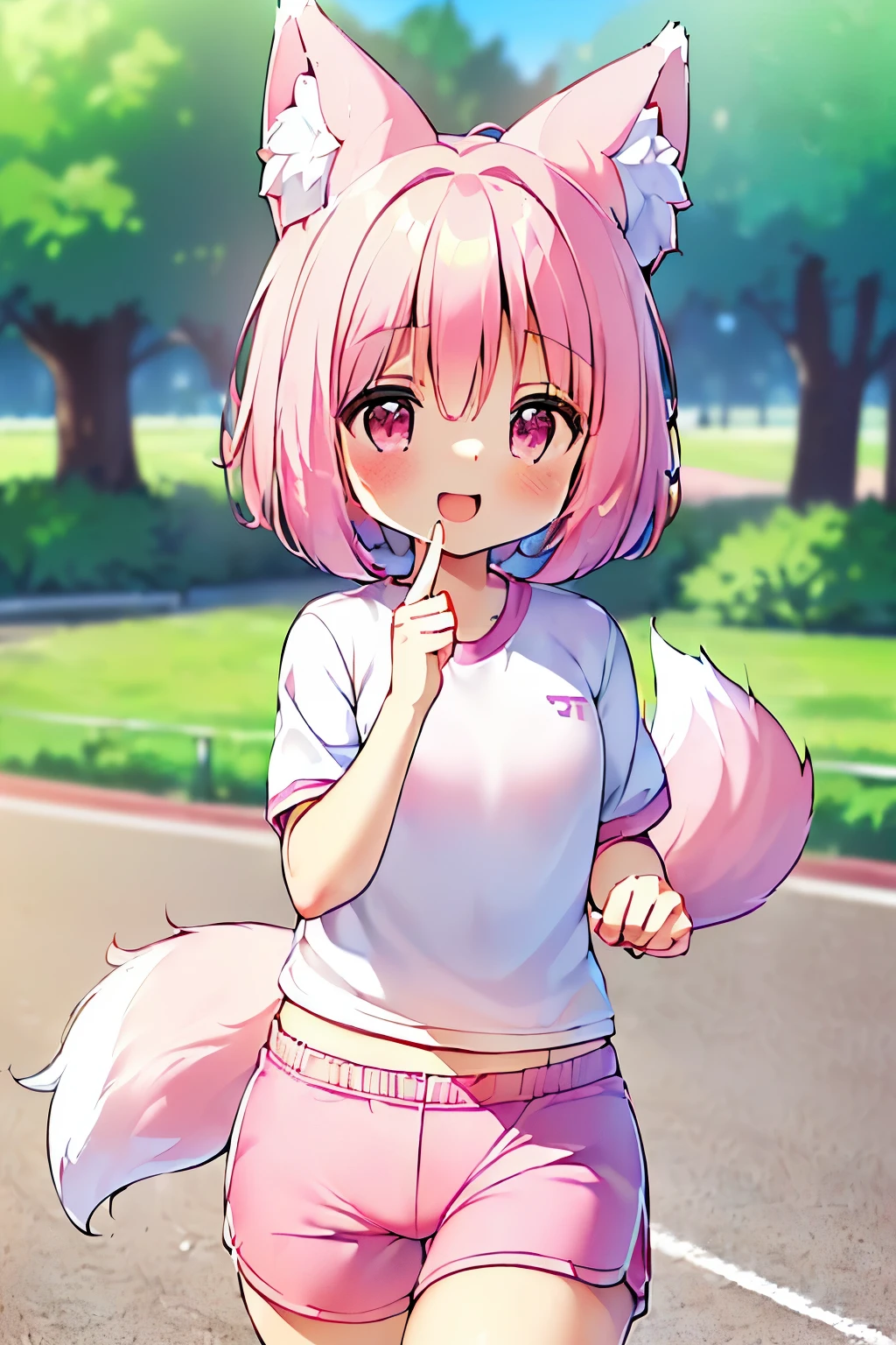 (((masterpiece))), (((最high quality))), (((high quality))), (((beautiful))), (((8K))), (((High resolution)) (((超High resolution))), (((High resolution))), (pink short hair:1.3), (Pink fox tail:1.4), (Pink fox tail:1.2), Pink fox ears with white tips, (pink eyes), small breasts, (cowboy shot:1.3), (laughing:1.3), Paved walkway in the park, park tree々, (running:1.4), (Run:1.5), (Girl running:1.4), (sportswear:1.2)