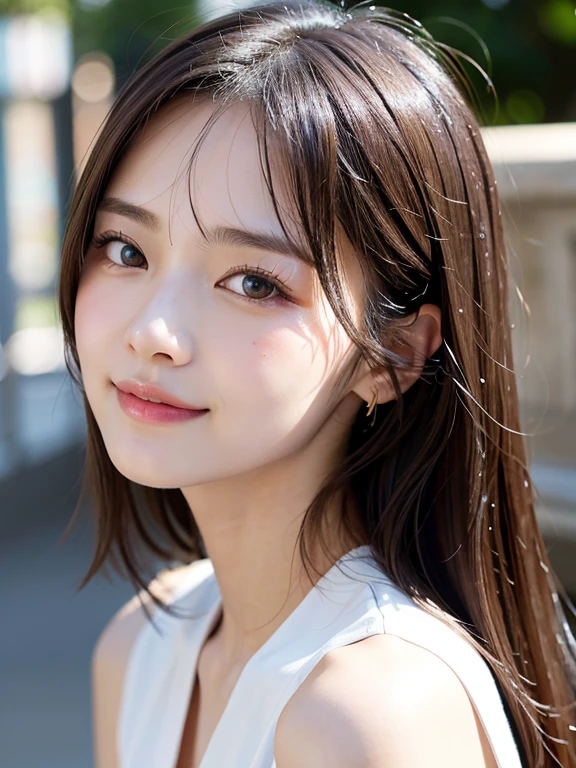 With the alleys of Kyoto in the background、18 year old girl、independent、facing forward、Light eye makeup、brown hair color、Flat 、hair blowing in the wind、quality of actress、shiny, super realistic face、smileの表情、Moist eyes、look up、calming lighting effect、 ultra-realistic capture、very detailed、High resolution 16K close-up of human skin。Skin texture must be natural、Must be detailed enough to see pores、skin is healthy、Must be even tone、Use natural light and color、High quality photos taken by a modeling agency&#39;Exclusive photographer、smile