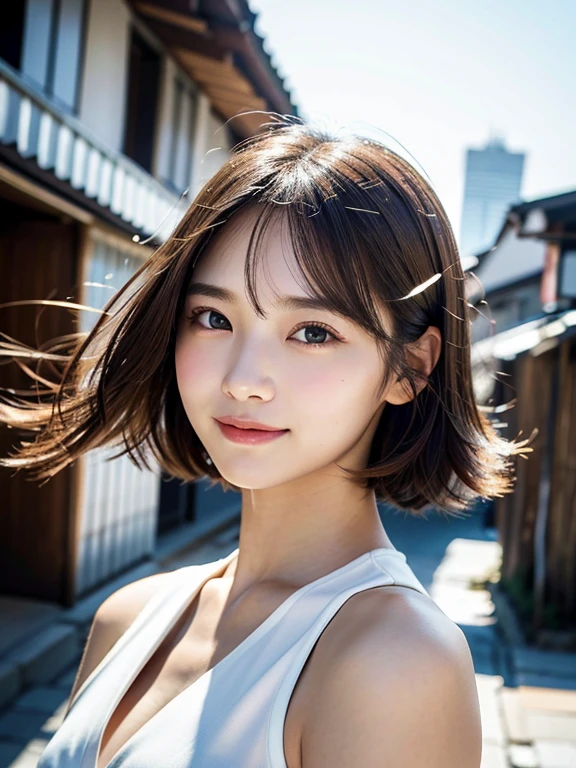 With the alleys of Kyoto in the background、18 year old girl、independent、facing forward、Light eye makeup、brown hair color、Flat 、hair blowing in the wind、quality of actress、shiny, super realistic face、smileの表情、Moist eyes、look up、calming lighting effect、 ultra-realistic capture、very detailed、High resolution 16K close-up of human skin。Skin texture must be natural、Must be detailed enough to see pores、skin is healthy、Must be even tone、Use natural light and color、High quality photos taken by a modeling agency'Exclusive photographer、smile