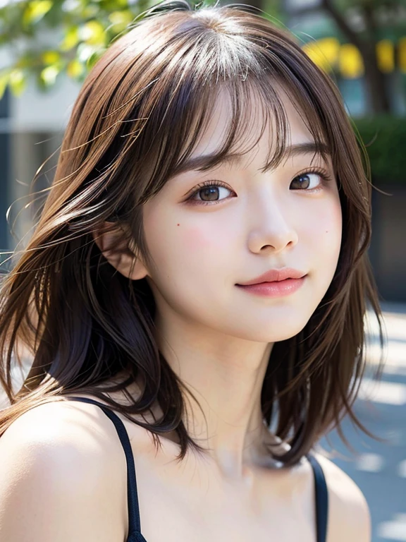 With the alleys of Kyoto in the background、18 year old girl、independent、facing forward、Light eye makeup、brown hair color、Flat 、hair blowing in the wind、quality of actress、shiny, super realistic face、smileの表情、Moist eyes、look up、calming lighting effect、 ultra-realistic capture、very detailed、High resolution 16K close-up of human skin。Skin texture must be natural、Must be detailed enough to see pores、skin is healthy、Must be even tone、Use natural light and color、High quality photos taken by a modeling agency&#39;Exclusive photographer、smile
