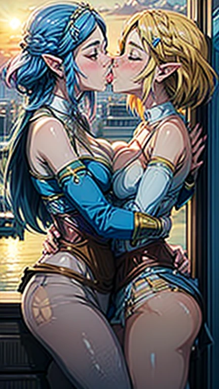 anime scene, 2 girls kissing (lesbian kissing), princess Zelda, hugging, touching each other, big breasts, big butt, revealing blue dress, on water, cityscape view, evening,sunset,