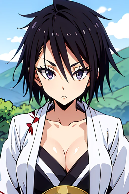 sakaguchihinata\(ttigraas\), black hair, large breast, cleavage, (japanese clothes, yukata:1.5), upper body